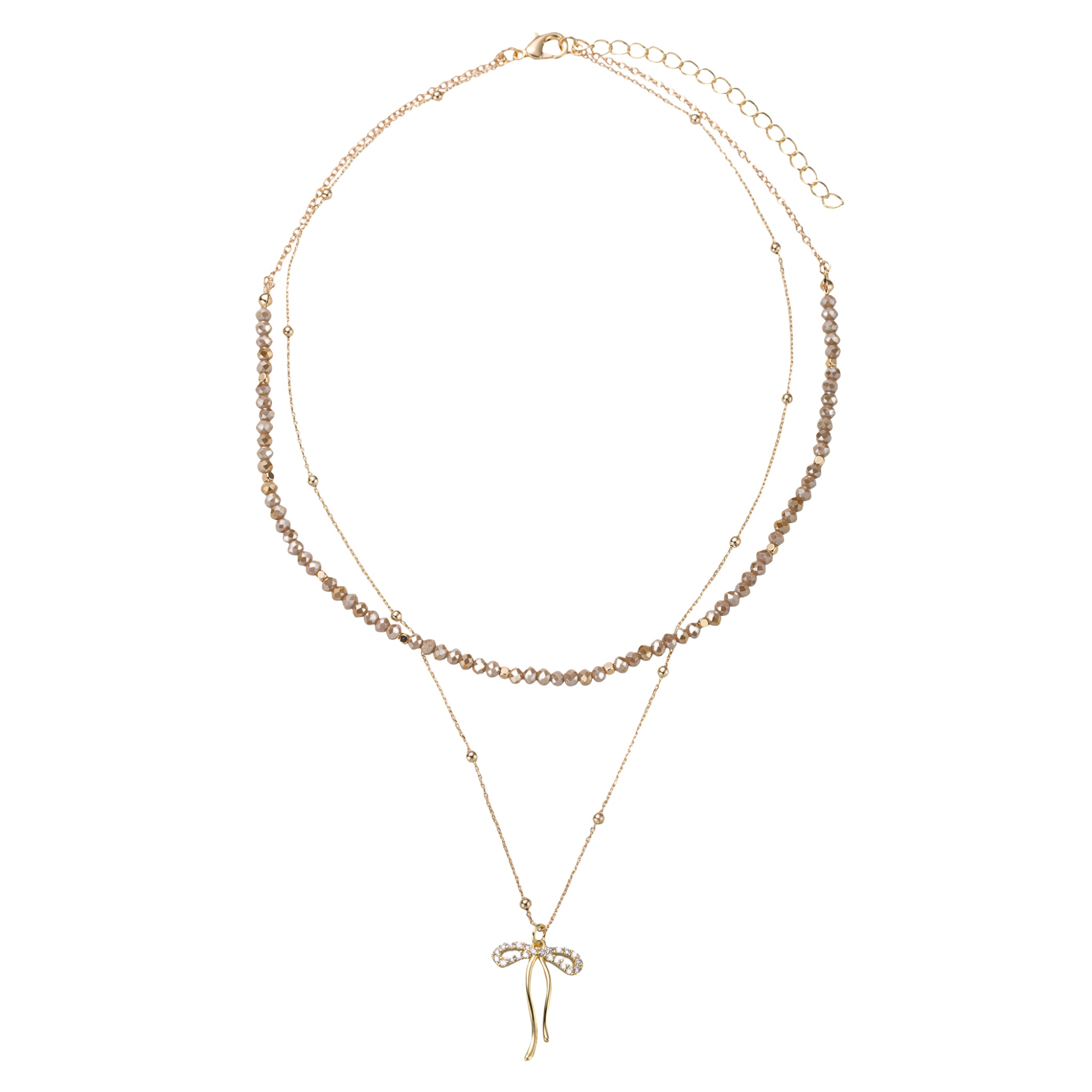 Greige, Gold Beaded 2 Layer Necklace with Gold Bow