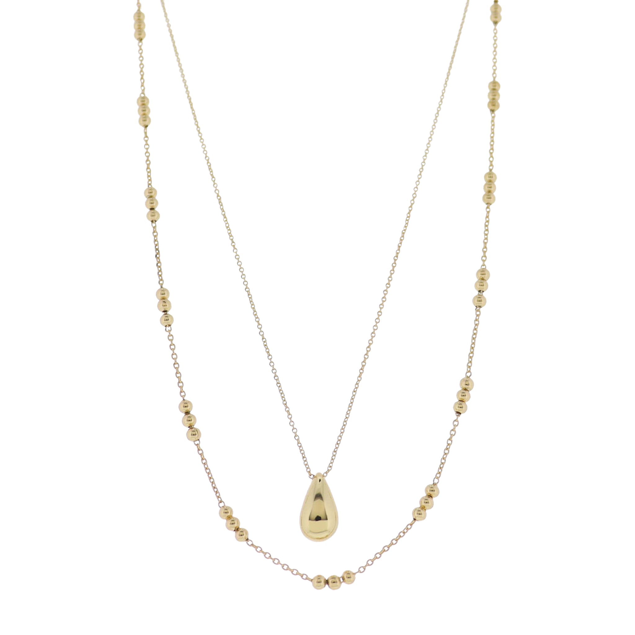 18K Gold Plated 2 Layer Ball & Rolo Chain Necklace with Gold Bubble Teardrop