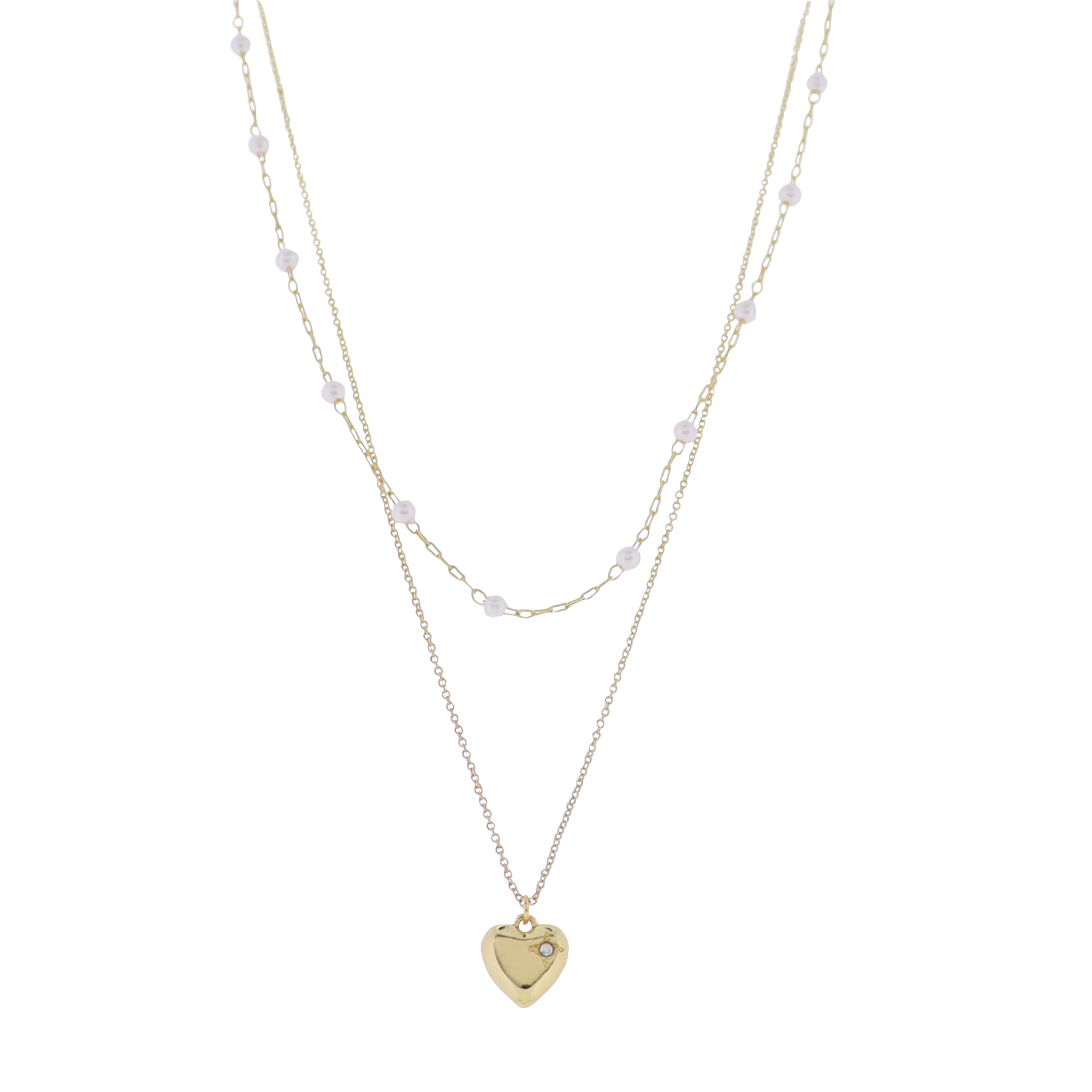 18K Gold Plated 2 Layer Pearl Station & O-Shape Chain Necklace with Gold Bubble Heart