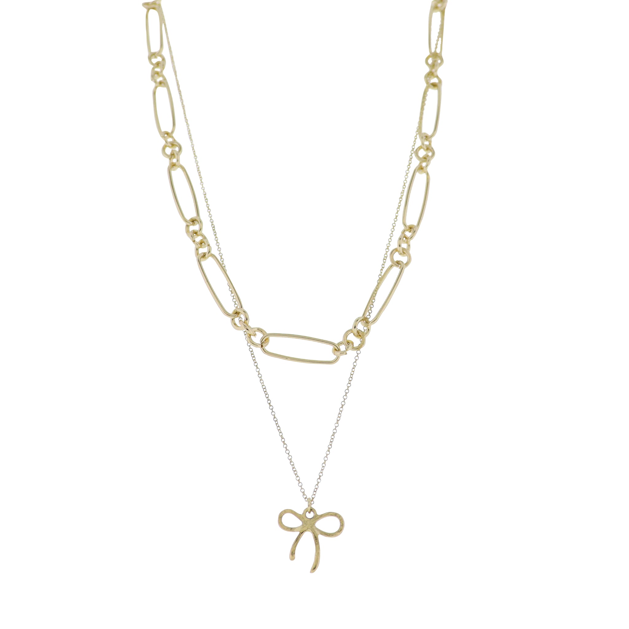 Gold 2 Layer Link, Rolo Chain Necklace with Gold Bow