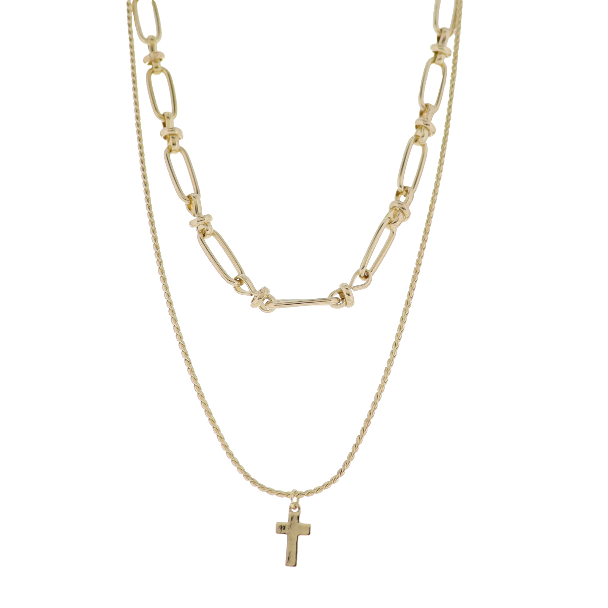 Gold 2 Layer Link, Twisted Chain Chain Necklace with Gold Cross