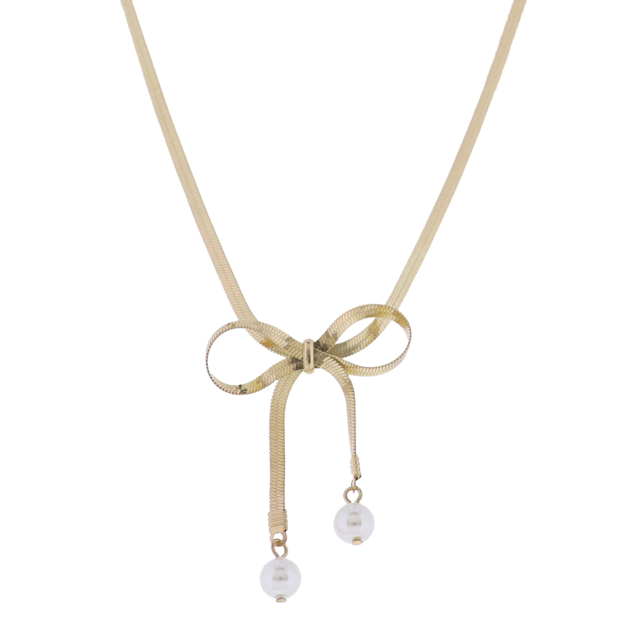 Gold Snake Chain Necklace with Gold Bow with Pearl Ends