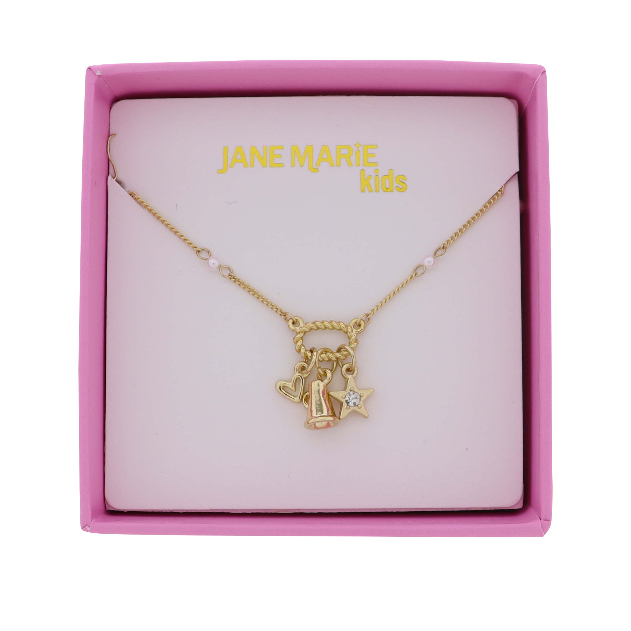Kids Gold Satellite Chain Necklace with Gold, Clear Heart, Megaphone, Star