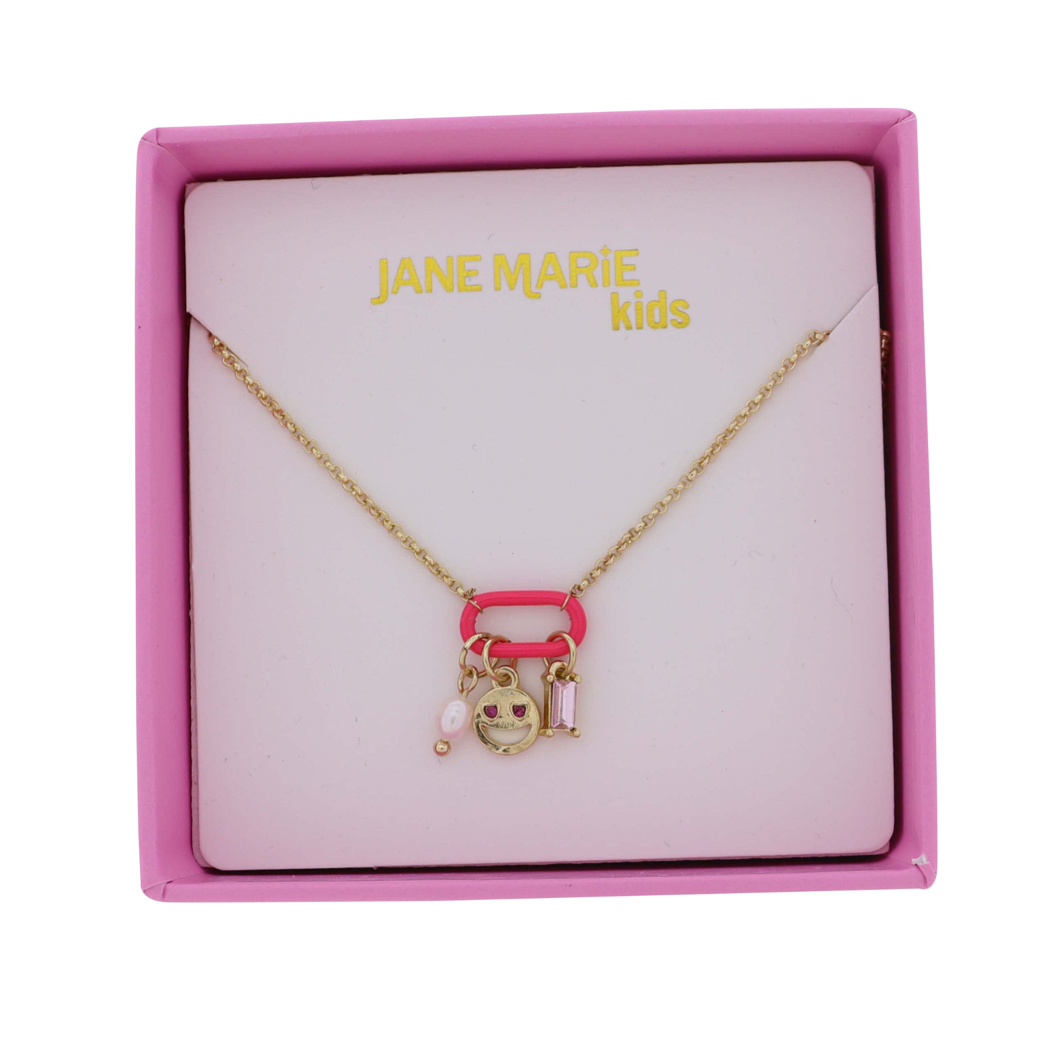 Kids Gold Rolo Chain Necklace with Hot Pink Oval Smiley Face, Crystal, Pearl