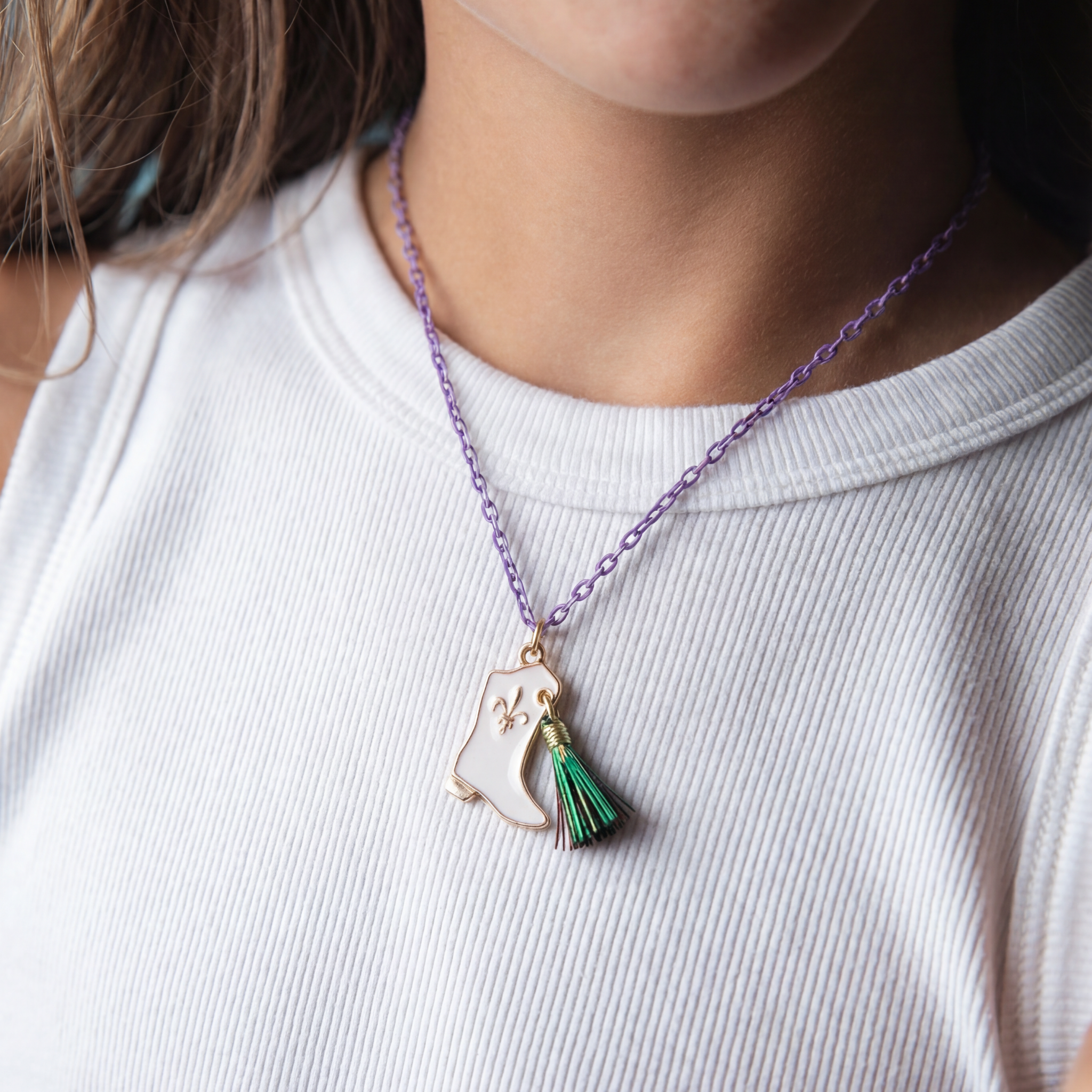 Mardi Gras Kids Purple Chain Necklace with White Boot Tassel - 14" Festive Jewelry