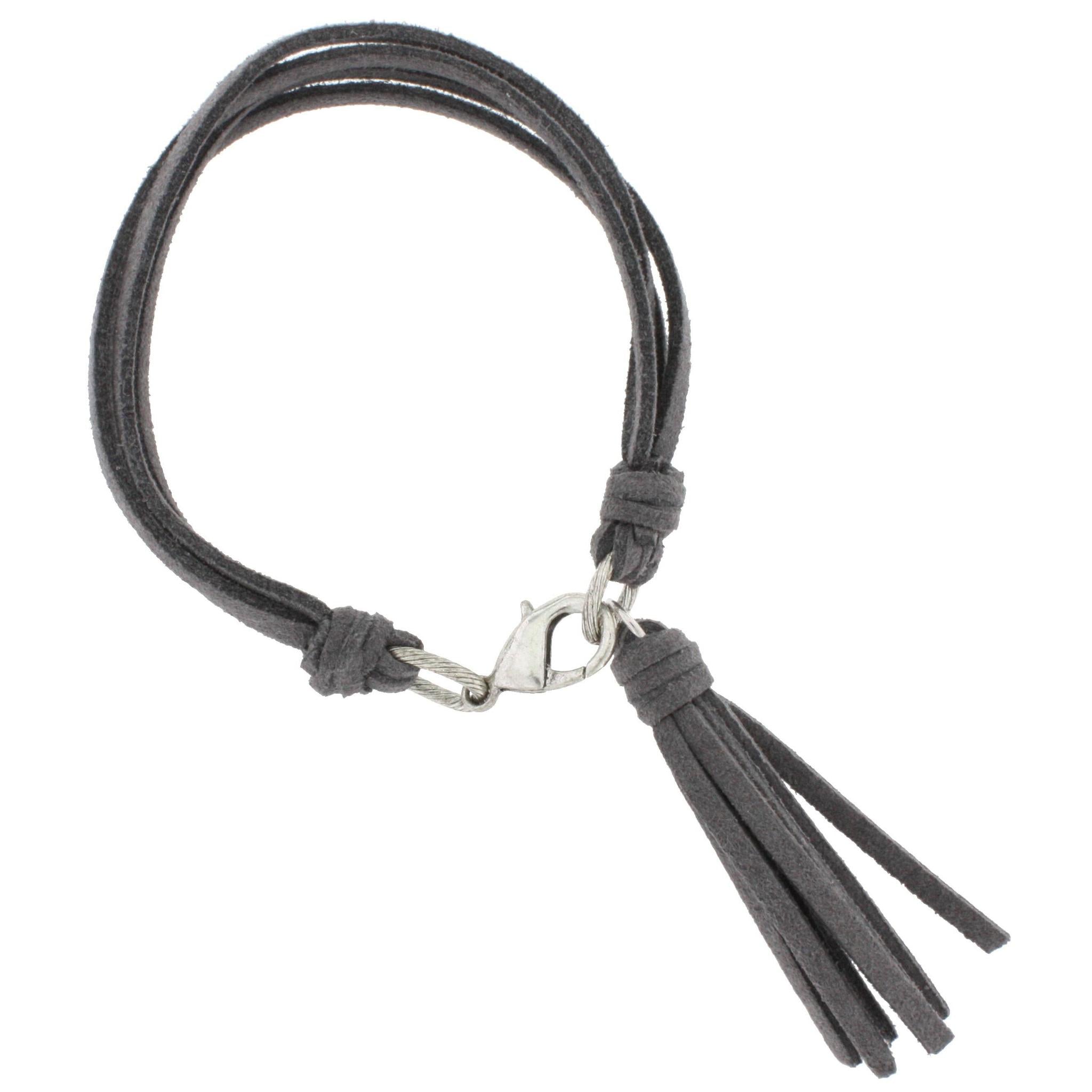 Grey Leather Multi Strand Bracelet with Tassel Accent