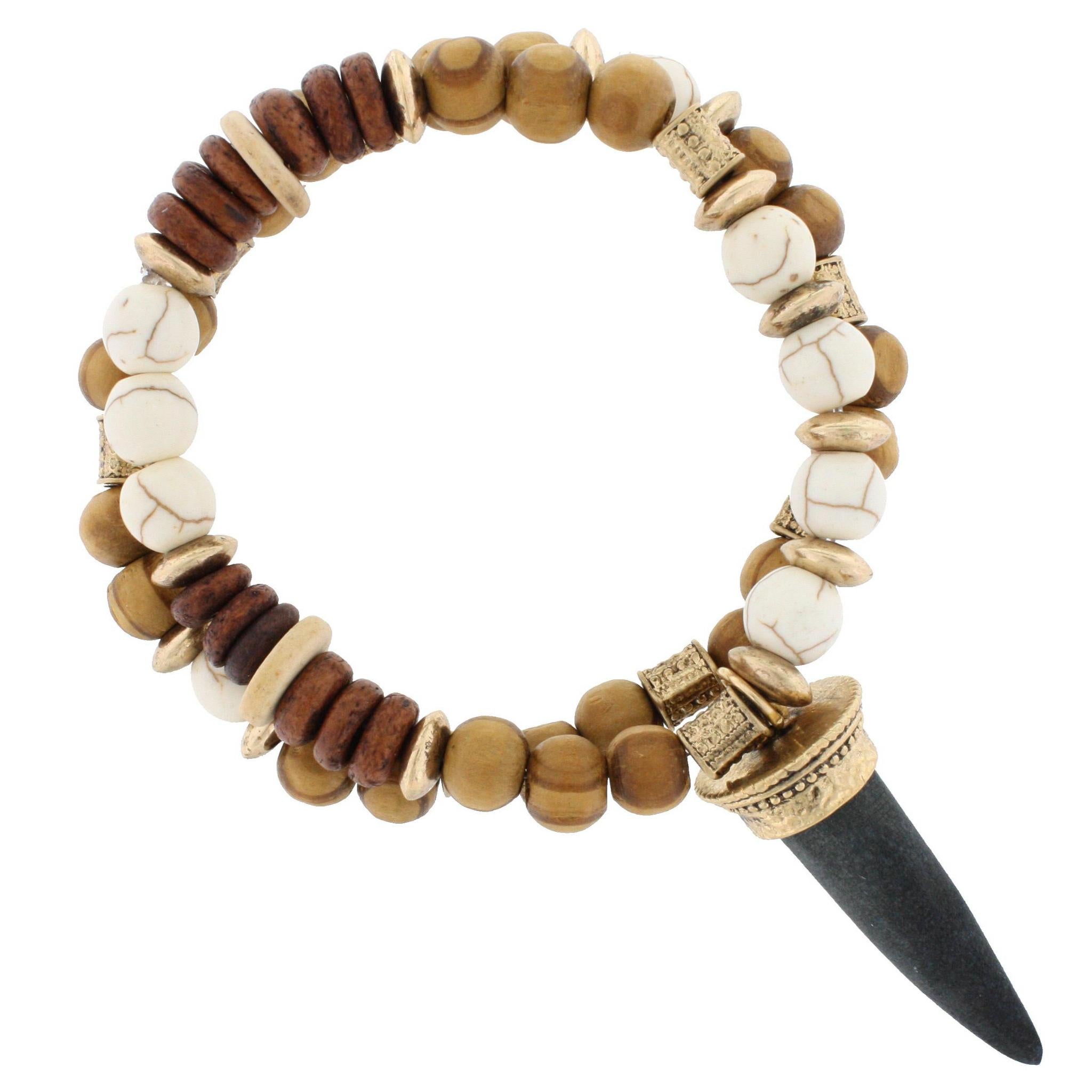 Wood and White Beaded Stretch Bracelet with Grey Wooden Horn
