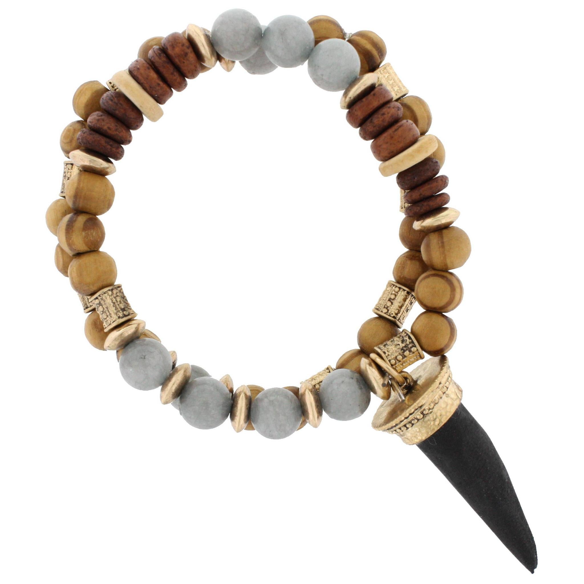 Wood and Grey Beaded Stretch Bracelet with Black Wooden Horn