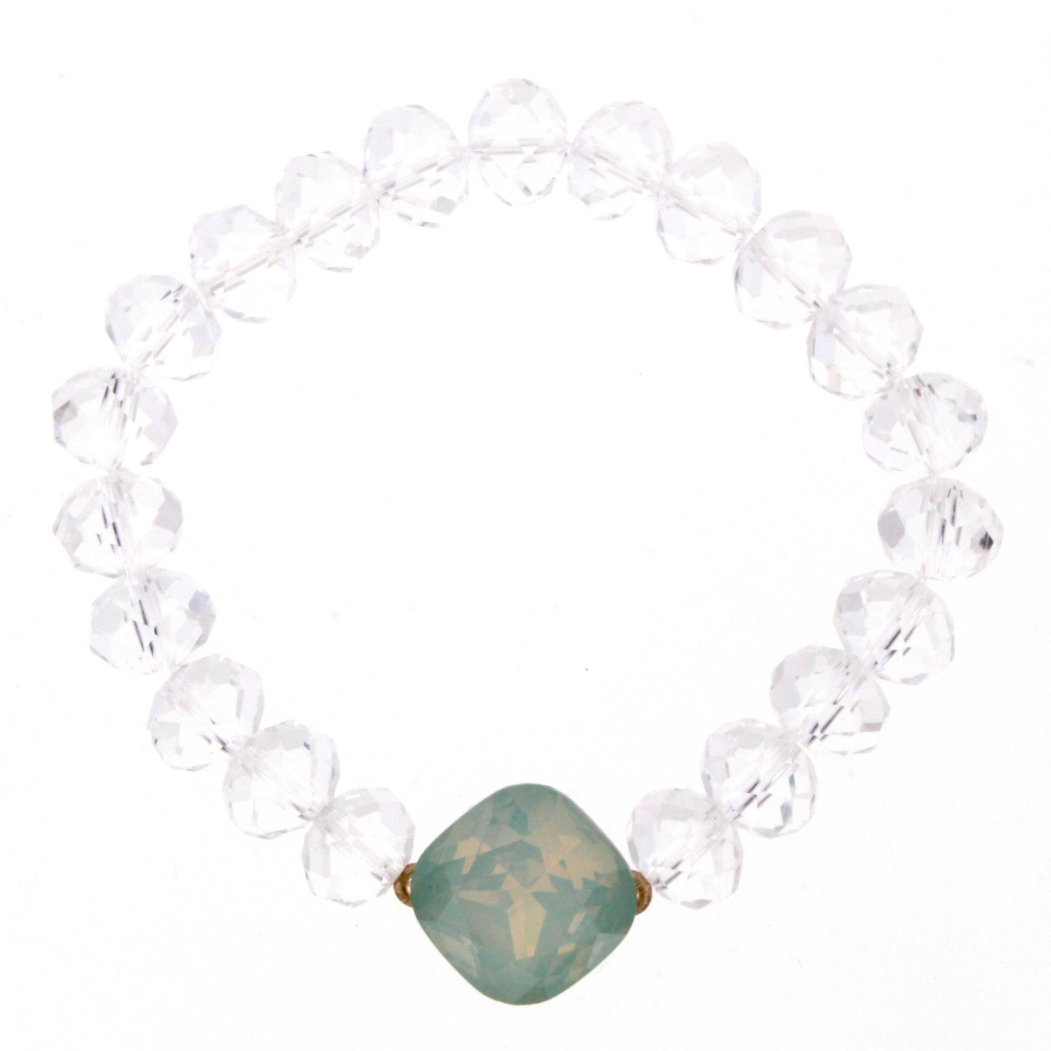 Clear Beaded Stretch Bracelet with Mint Rhinestone