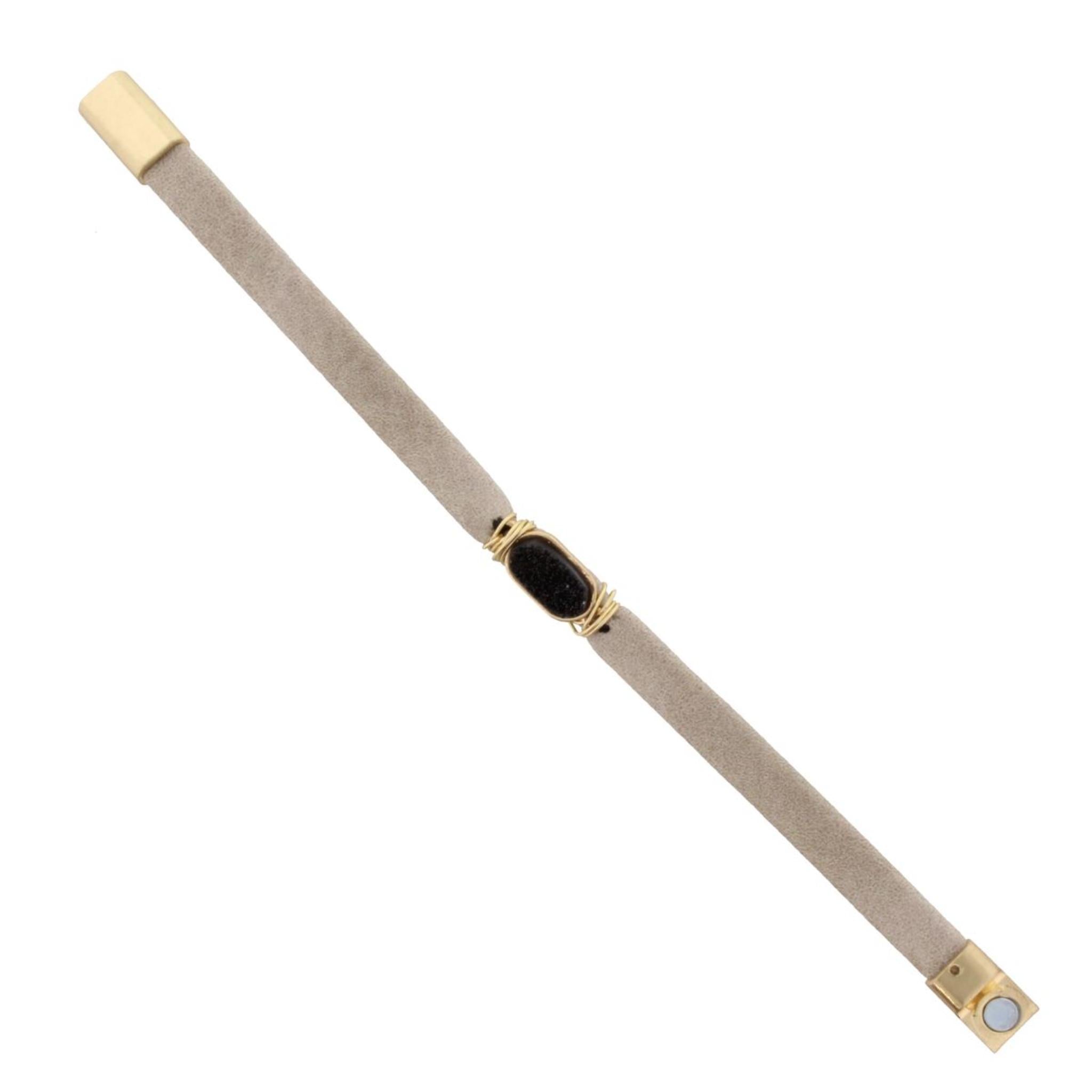 Light Taupe Leather Bracelet with Jet Druzy