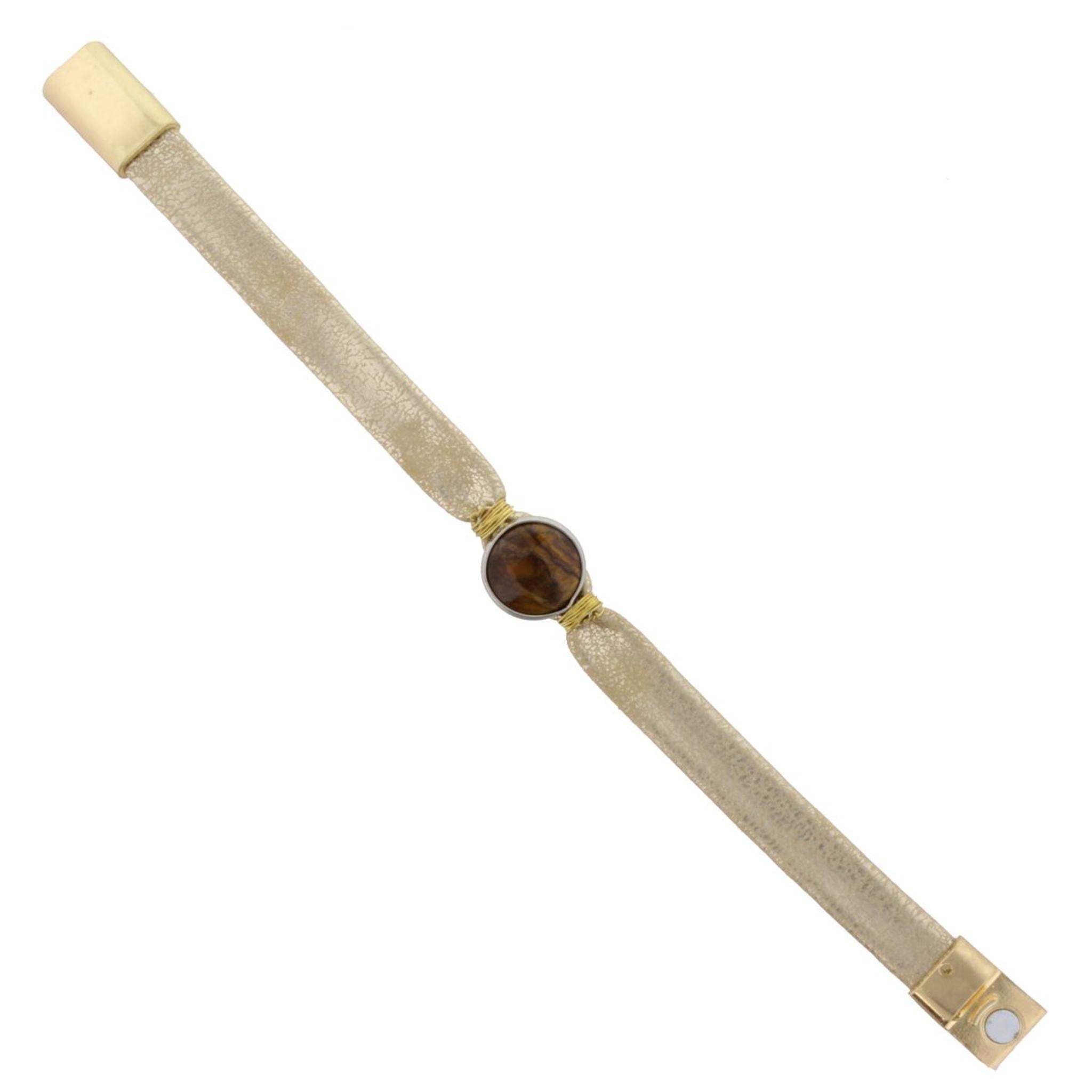Gold Leather Bracelet with Tigers Eye