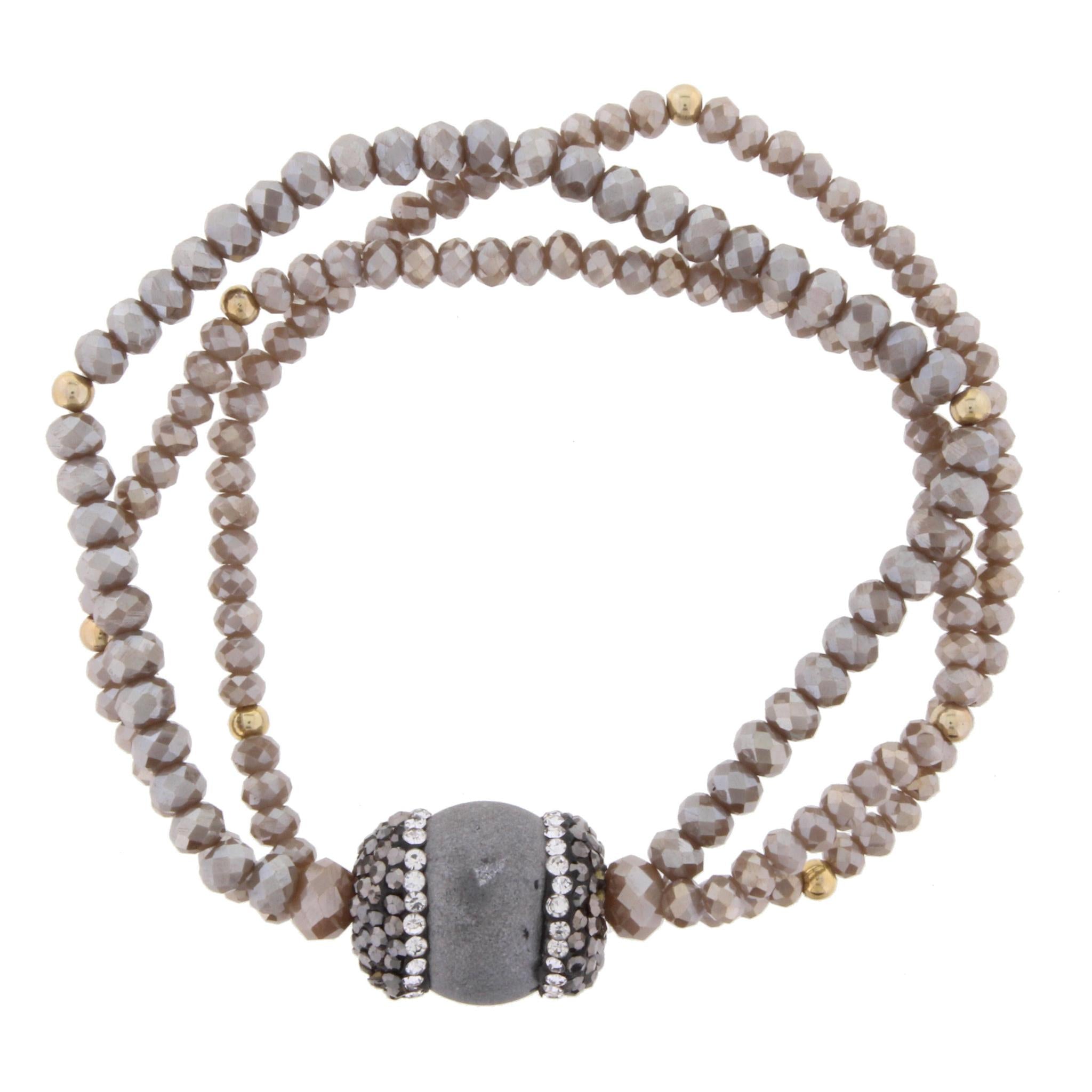 Greige Beaded 3 Strand Stretch Bracelet with Pave Druzy Bead