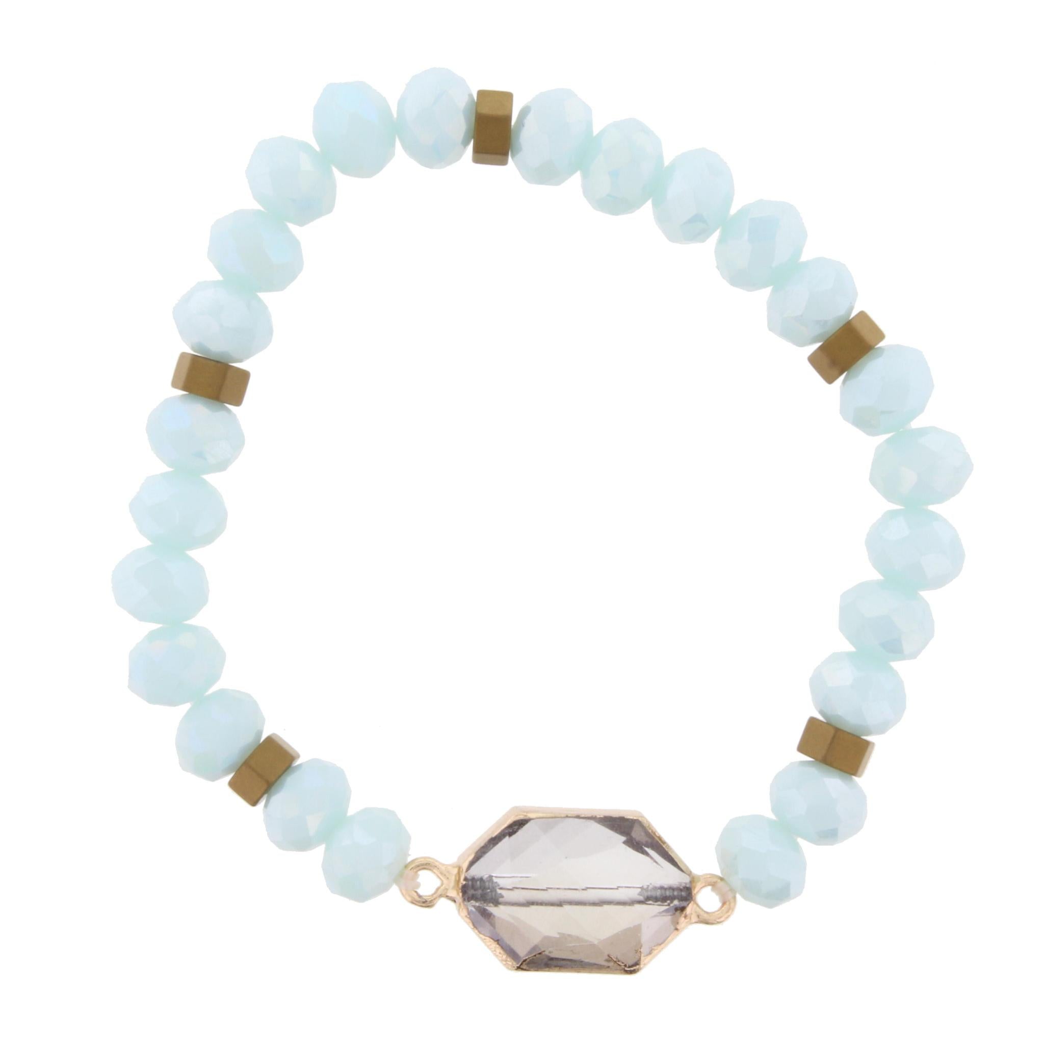Light Blue Beaded Stretch Bracelet with Crystal Hexagon