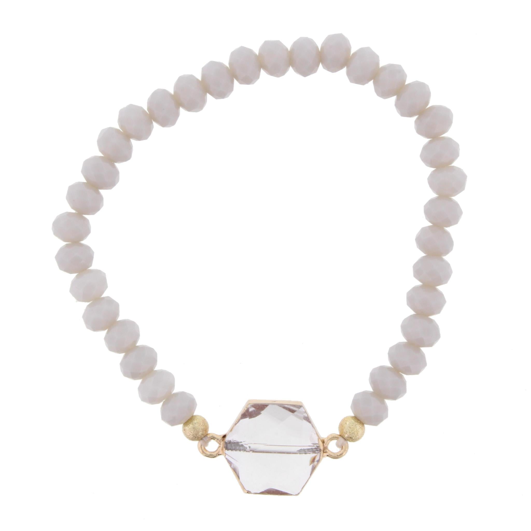 Grey Beaded Stretch Bracelet with Crystal Hexagon