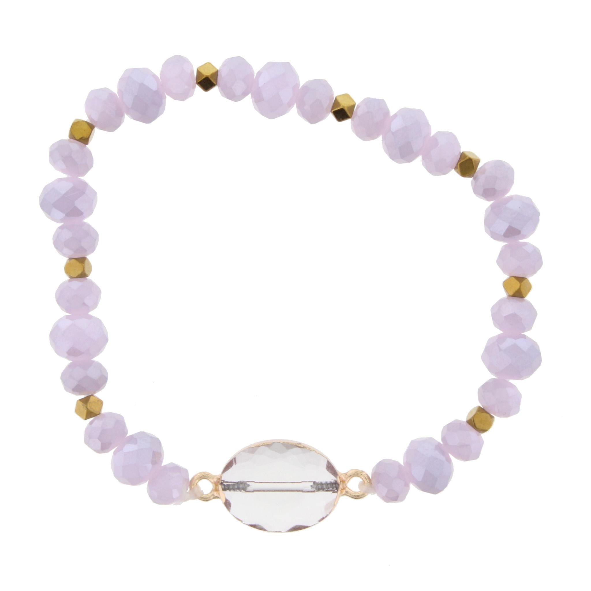 Lavender Beaded Stretch Bracelet with Crystal Oval