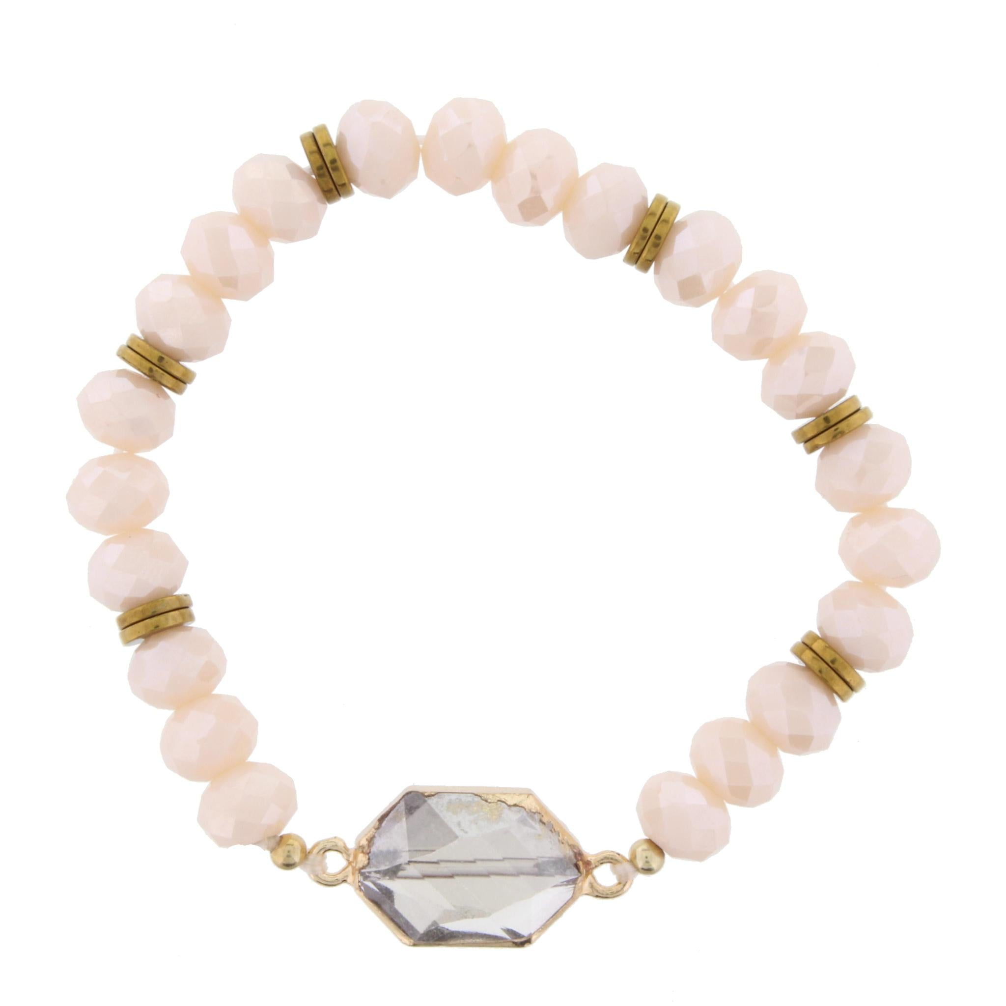 Light Pink Beaded Stretch Bracelet with Crystal Hexagon