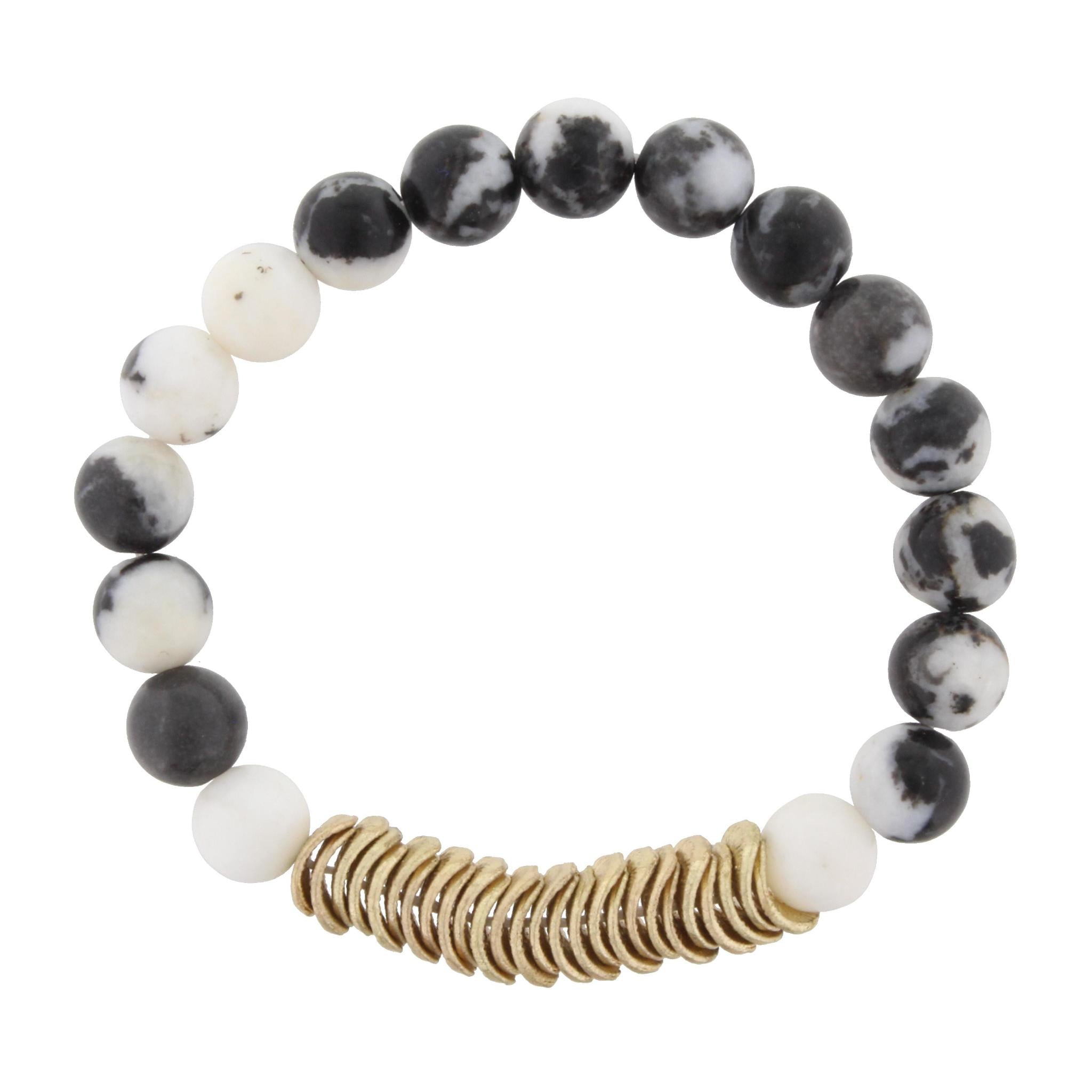 Zebra Jasper Beaded Stretch Bracelet with Gold Wavy Disk Spacers