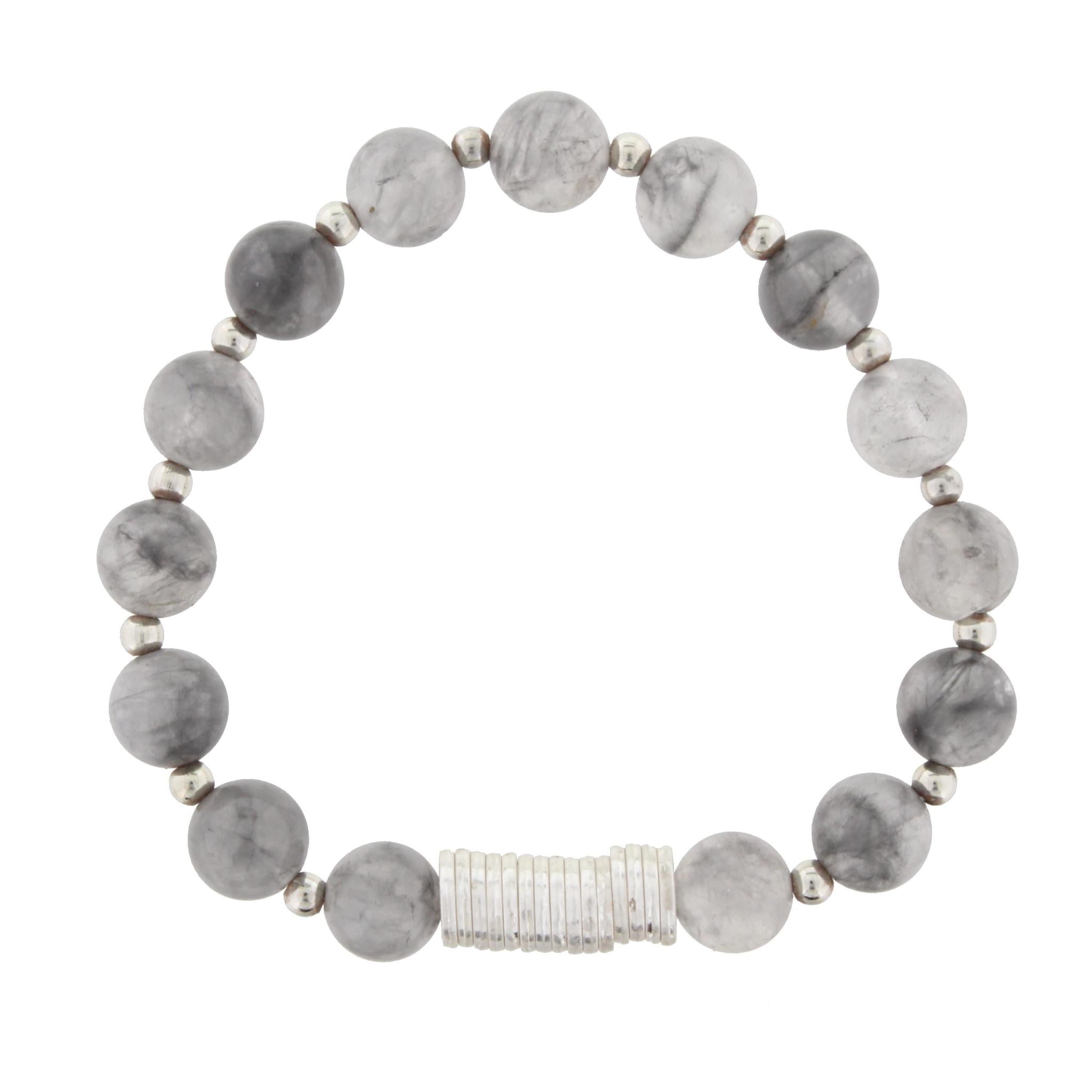 Grey Beaded Stretch Bracelet with Silver Disk Spacers