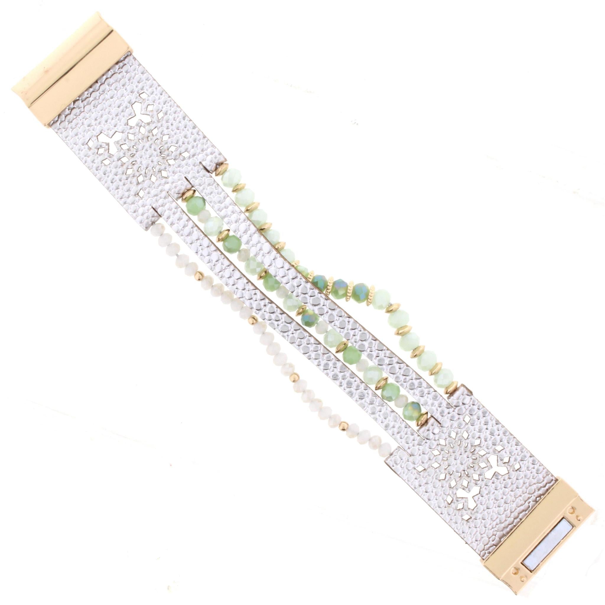 2-Tone Mint Beaded Multi Strand Silver Leather Bracelet