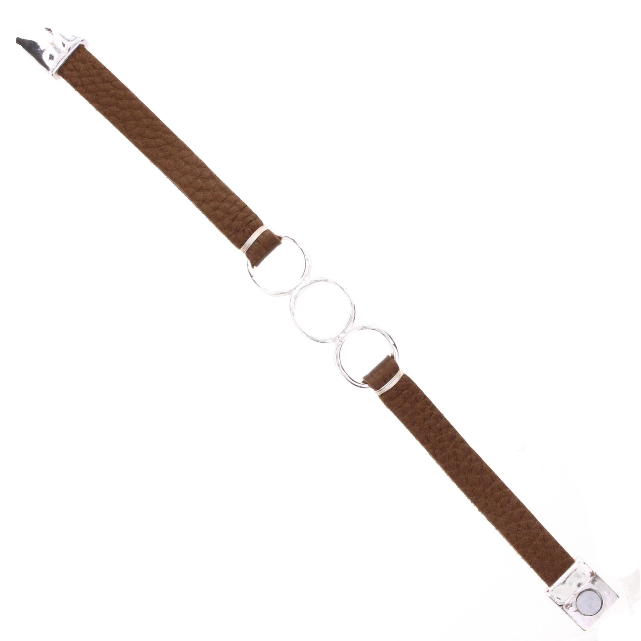 Bronze Leather Bracelet with 3 Silver Rings