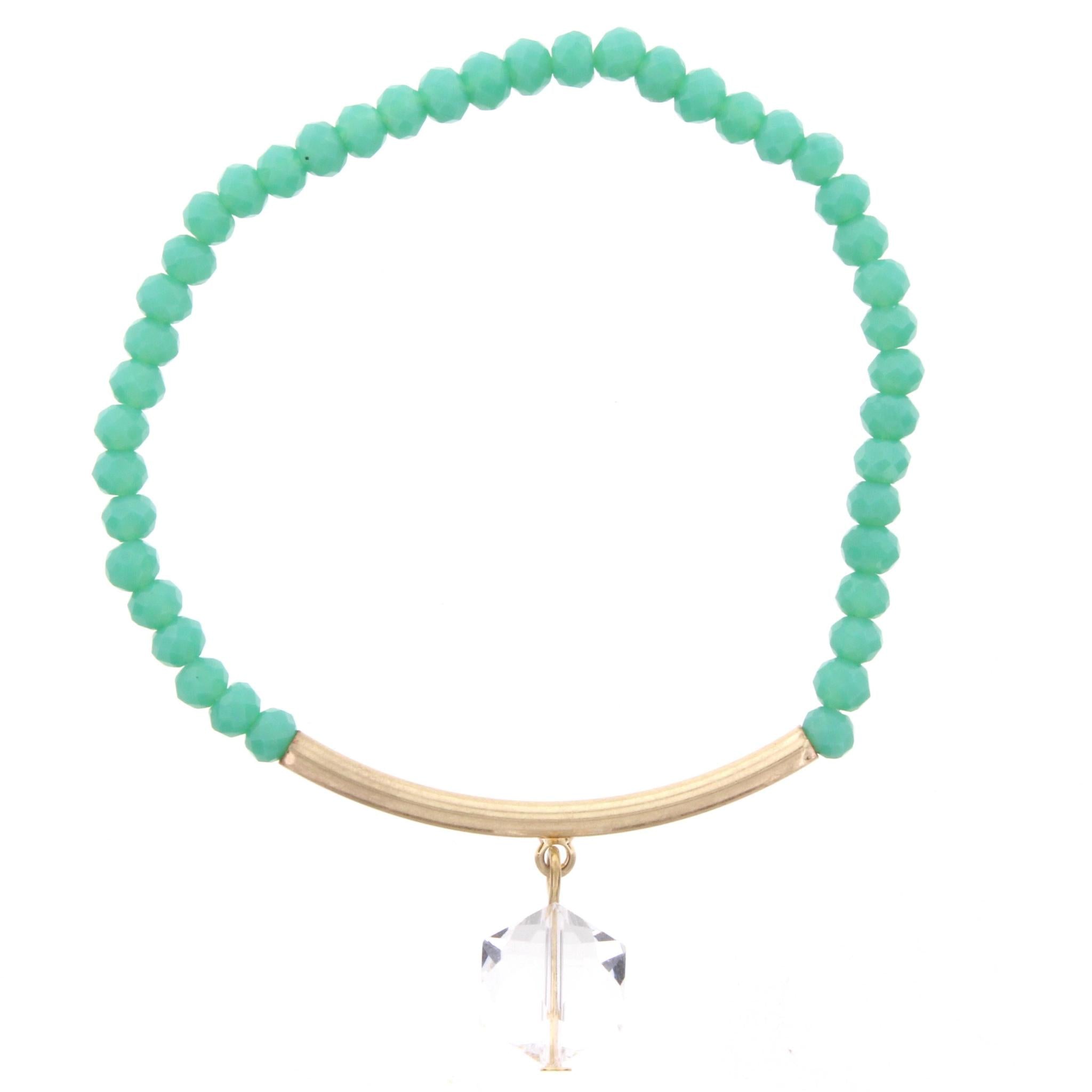 Mint Beaded Stretch Bracelet with Gold Bar and Hexagon Crystal
