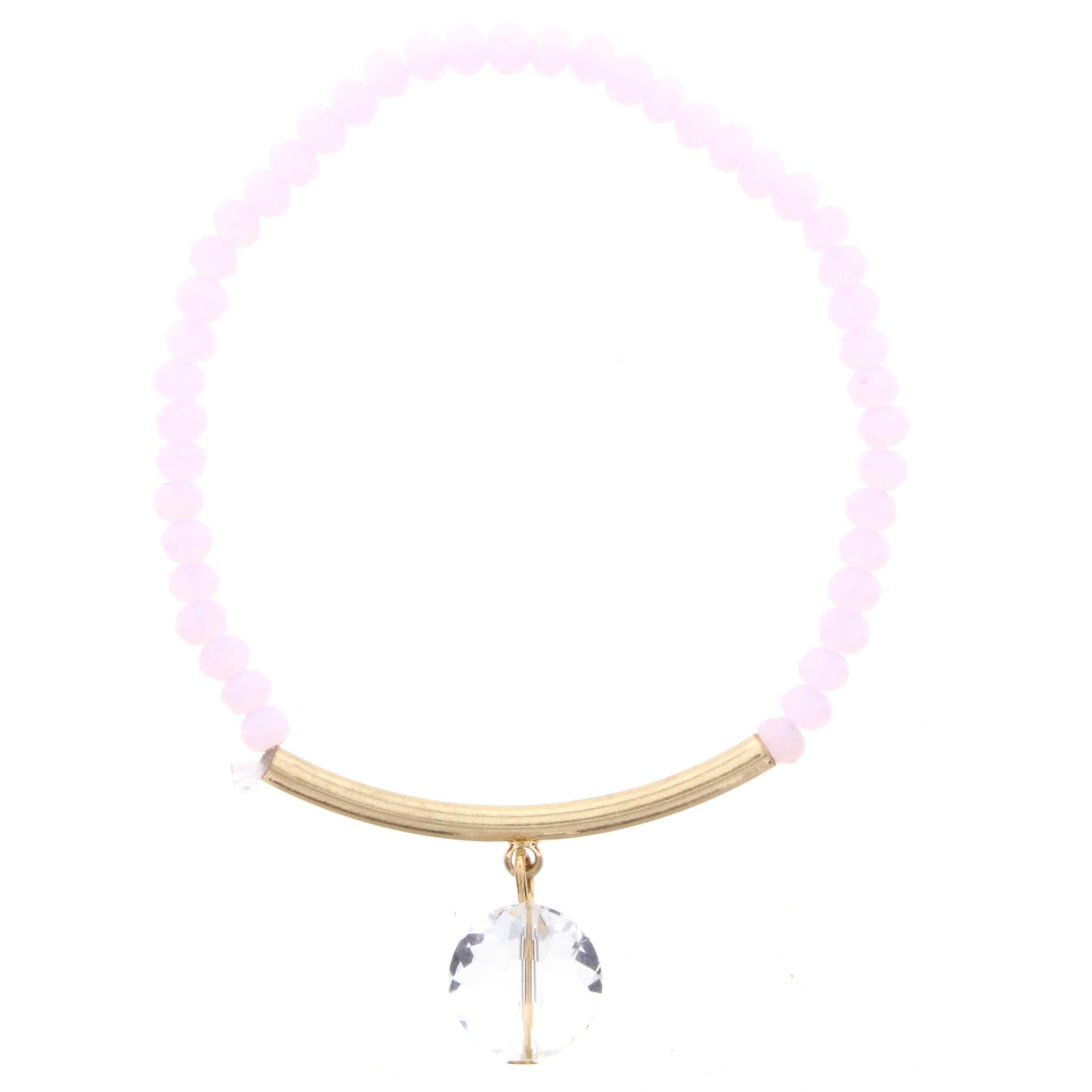 Pink Beaded Stretch Bracelet with Gold Bar and Oval Crystal