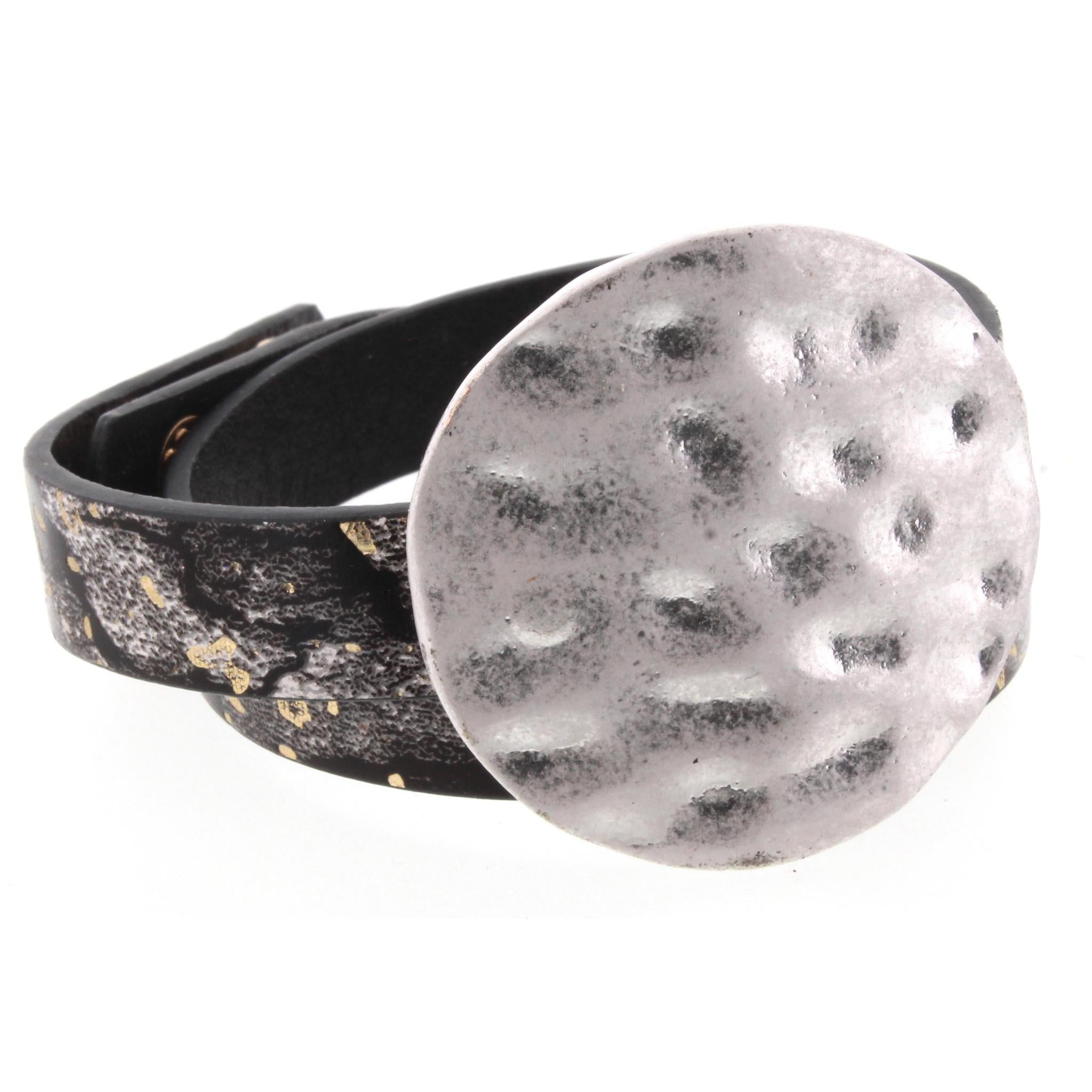 Black with Silver Fleck Wrap Bracelet with Silver Hammered Circle