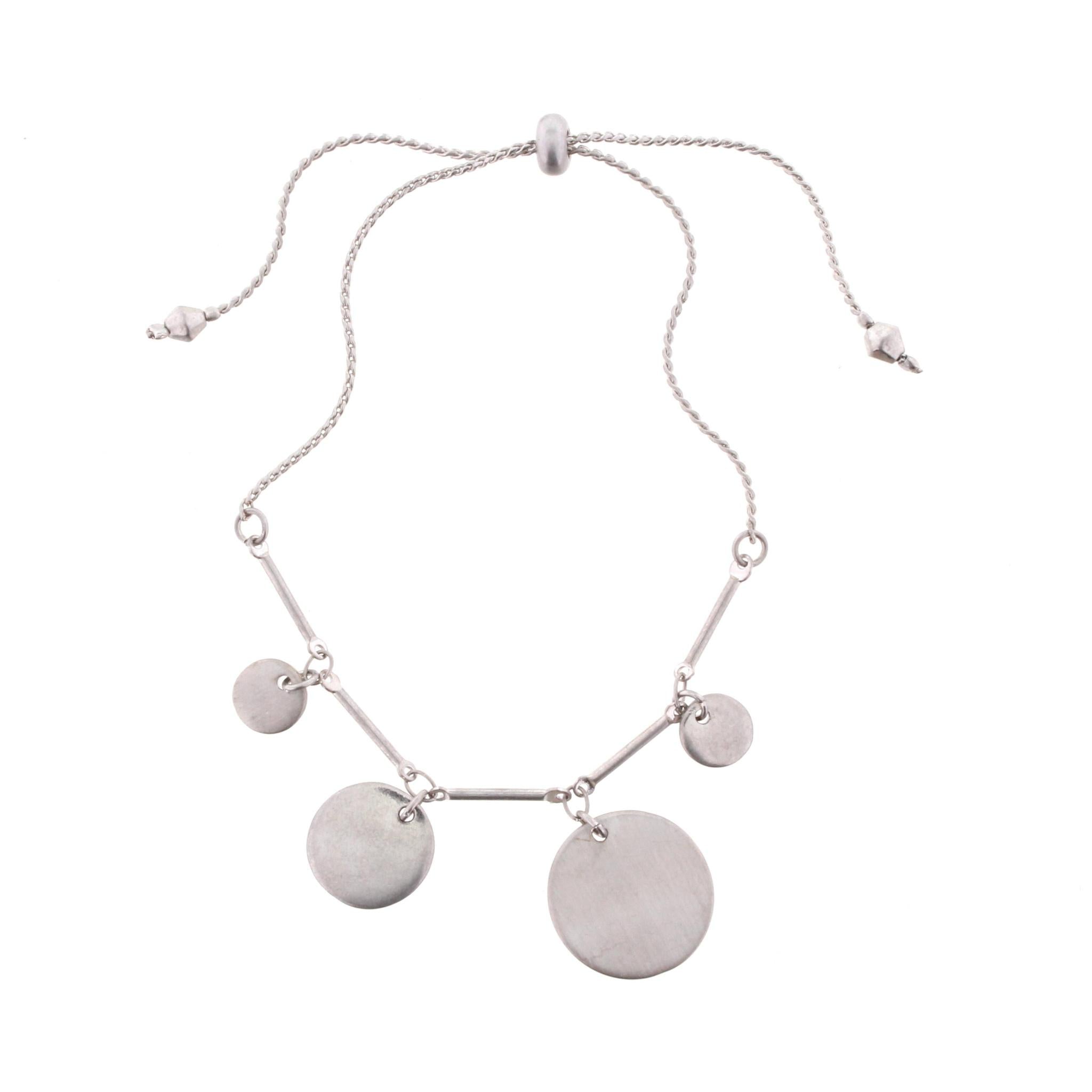 Silver Adjustable Pull Cord Bracelet with Silver Circle Dangles