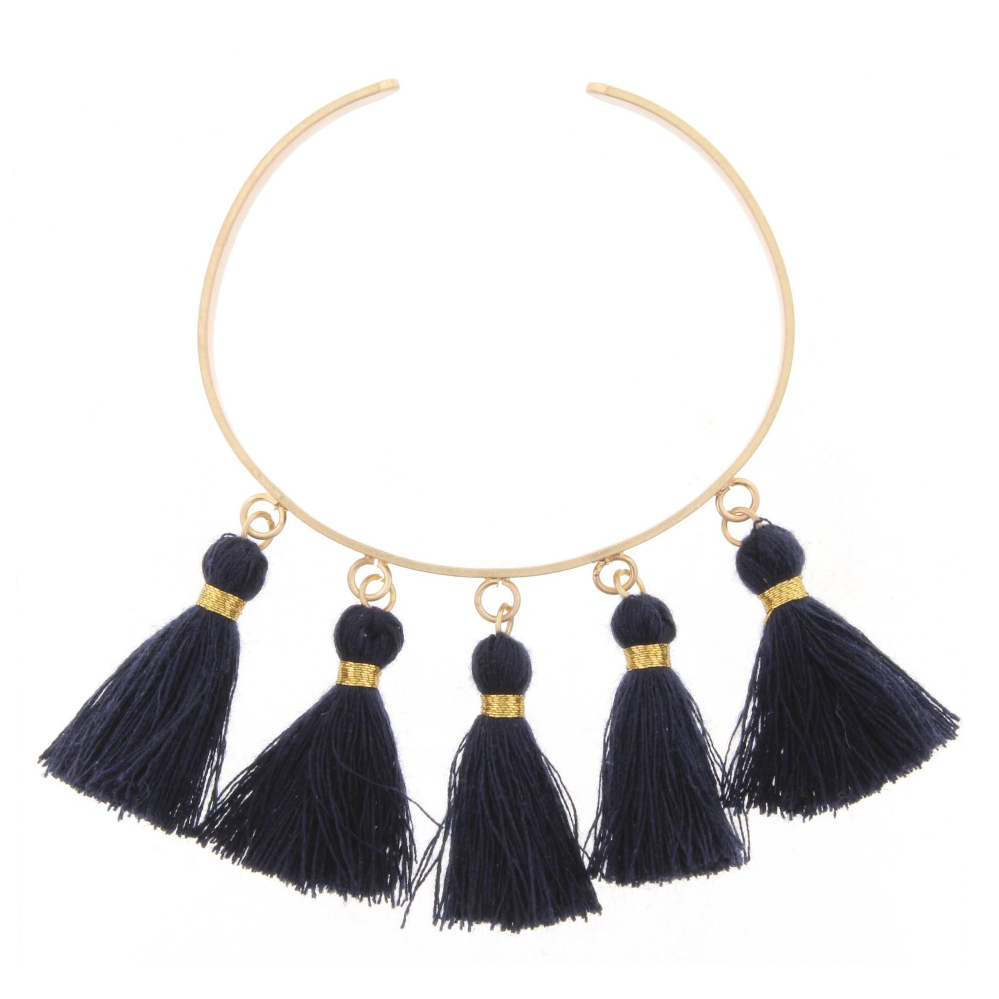 Gold Metal Cuff Bracelet with Navy Tassels