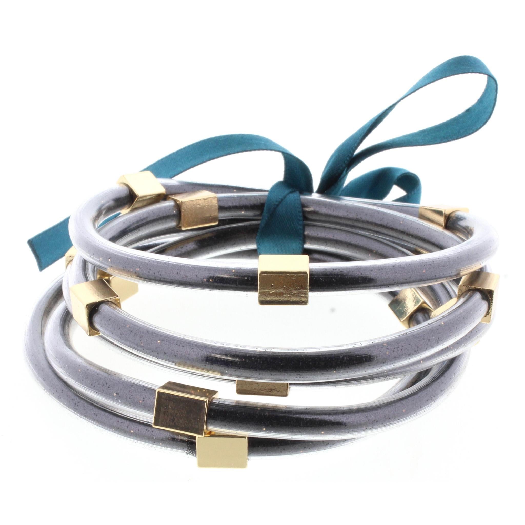 Black Glitter with Gold Station Filled Bangles Bracelet Set