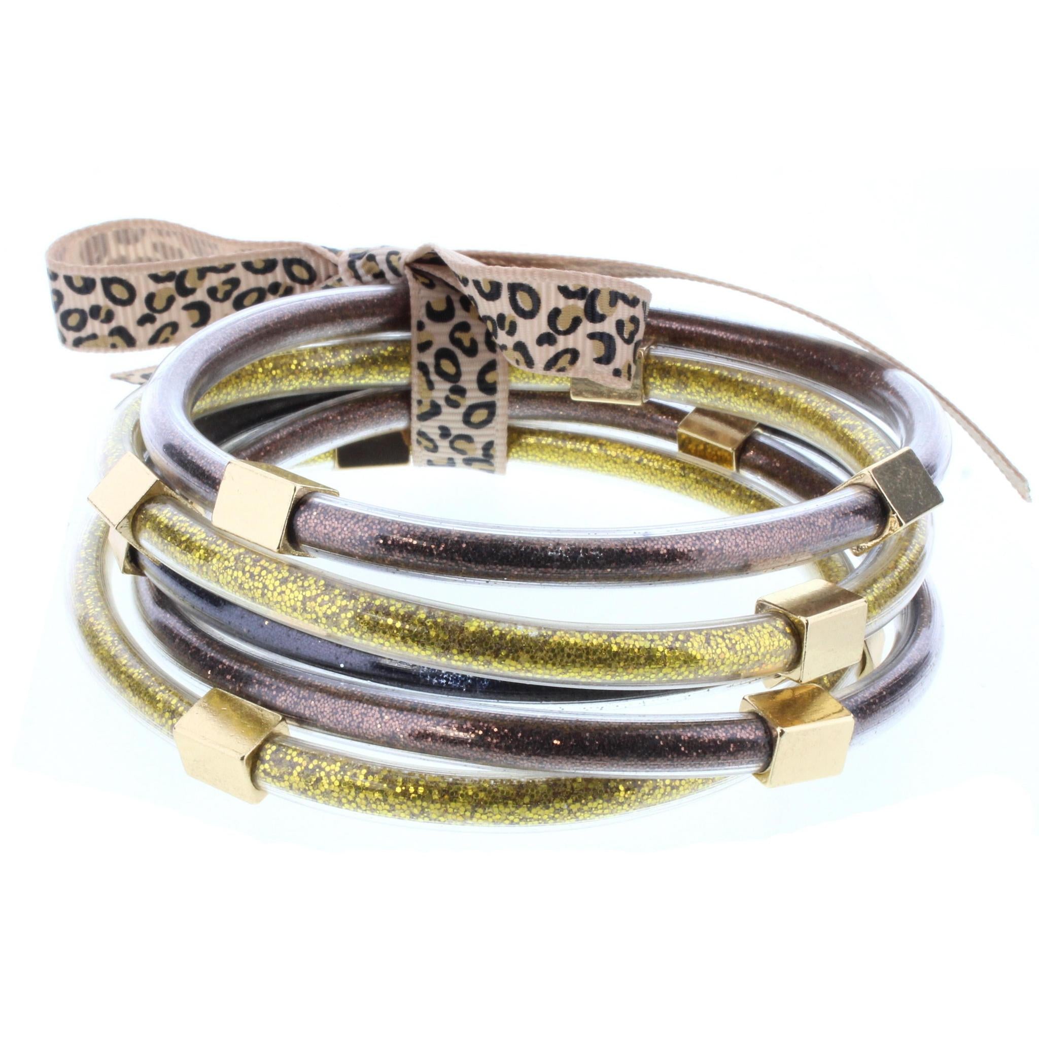 Bronze and Black Glitter with Gold Station Filled Bangles Bracelet Set
