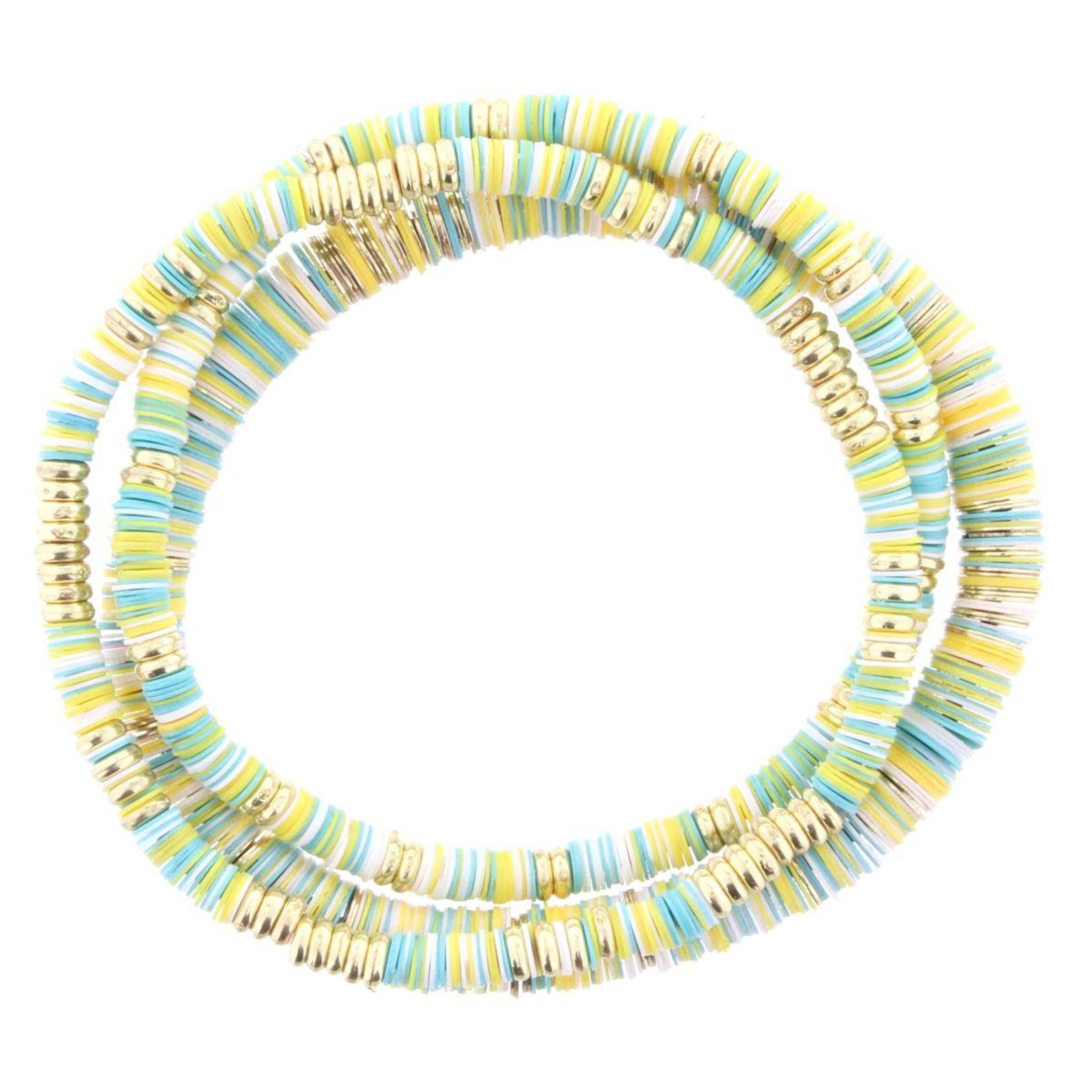 Kids 3 Strand Sequin Stretch Bracelet: Mixed Turquoise, Yellow, Cream