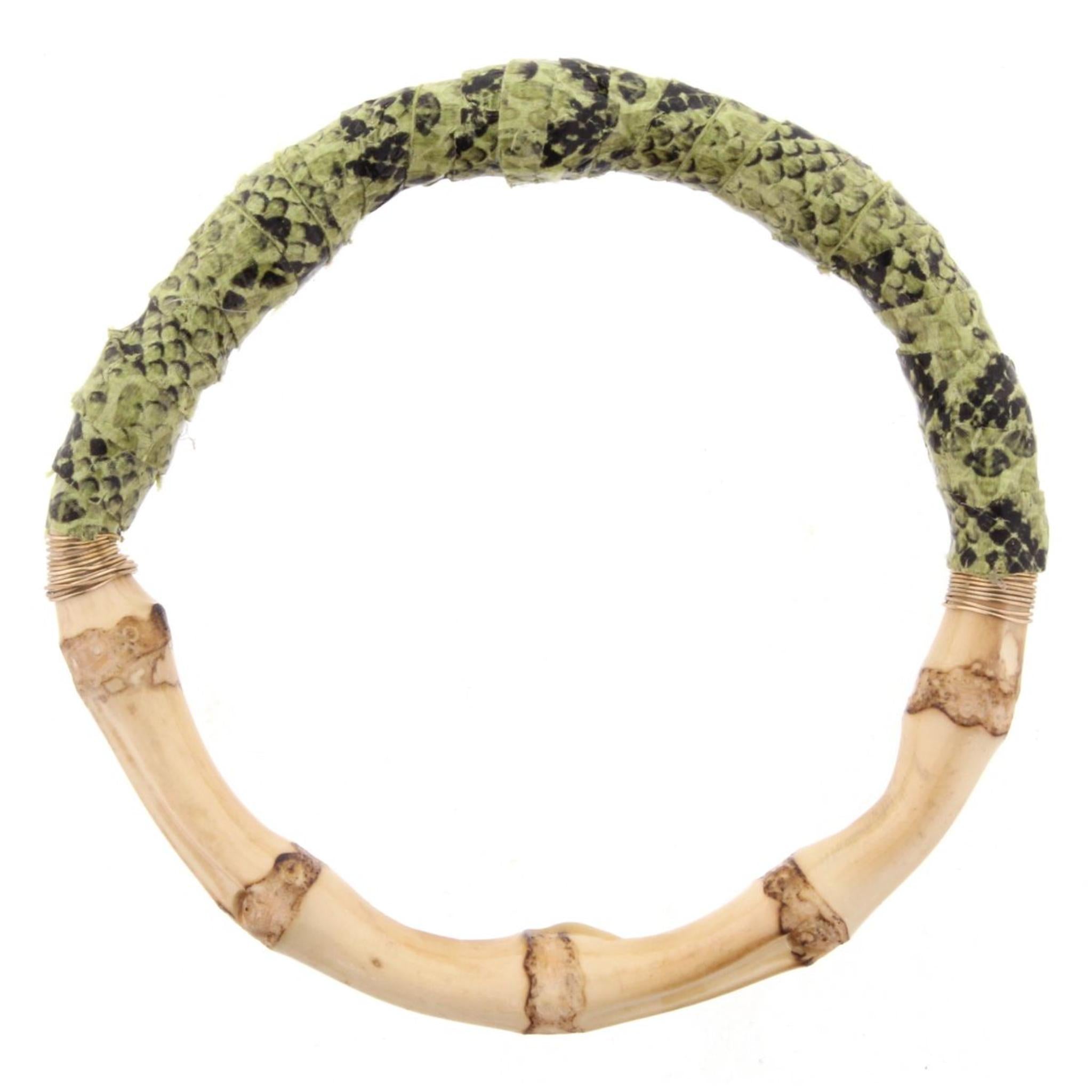 Bamboo Bangle Bracelet with Green Snakeskin Leather Wrap