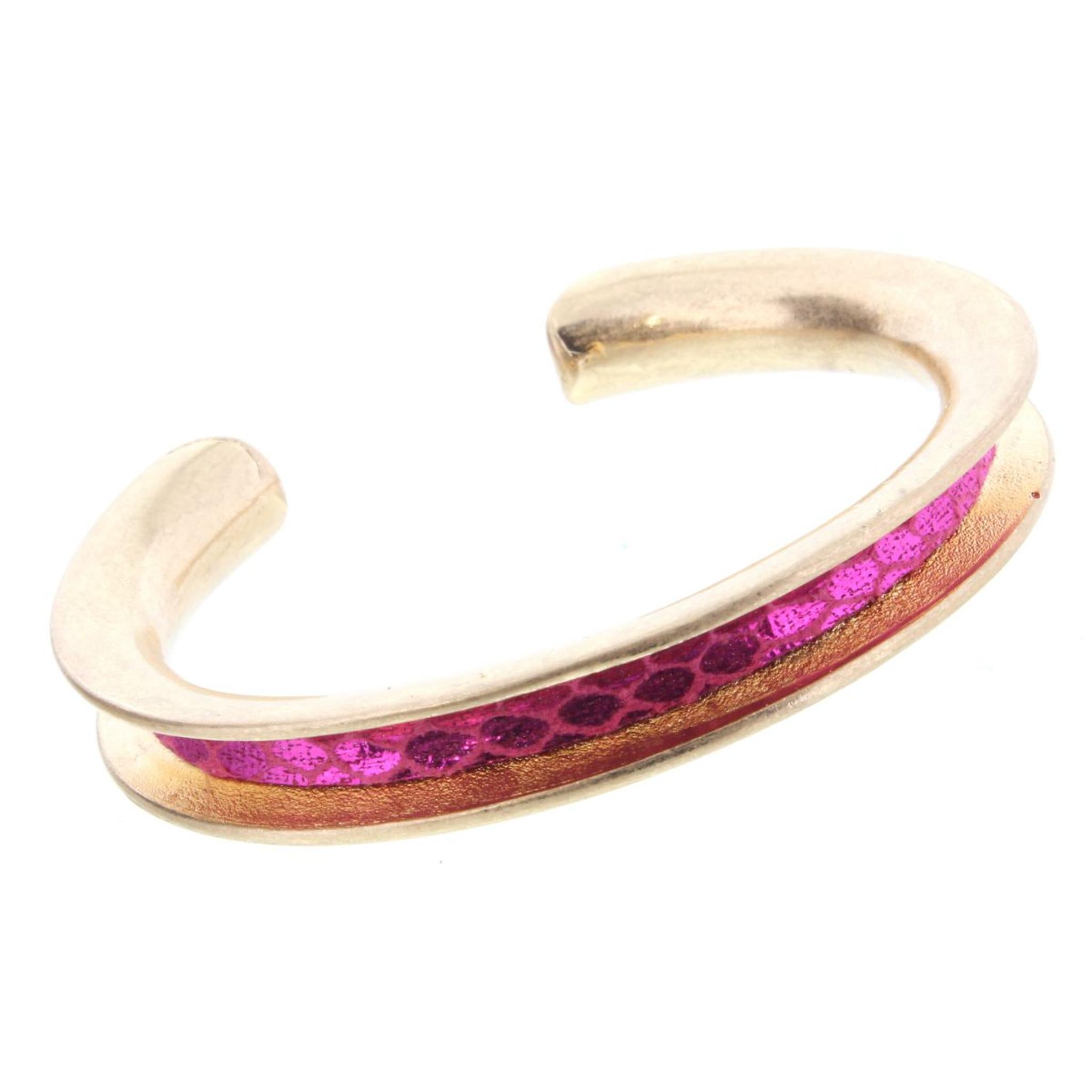 Gold Cuff Bracelet with Pink Snake Skin Inlay
