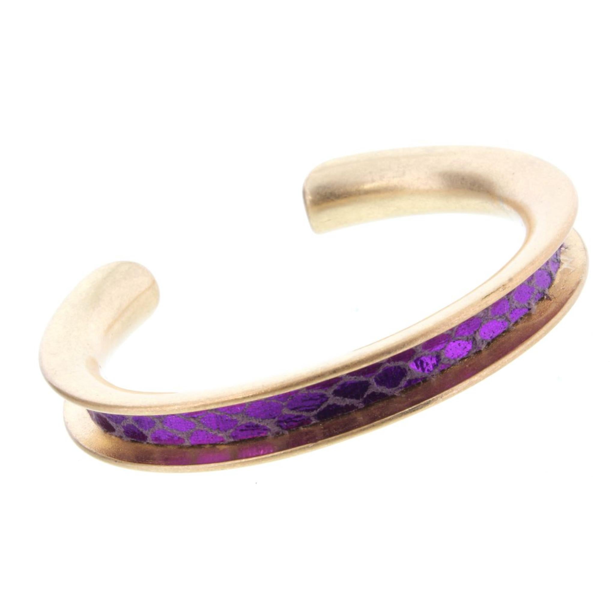 Gold Cuff Bracelet with Purple Snake Skin Inlay