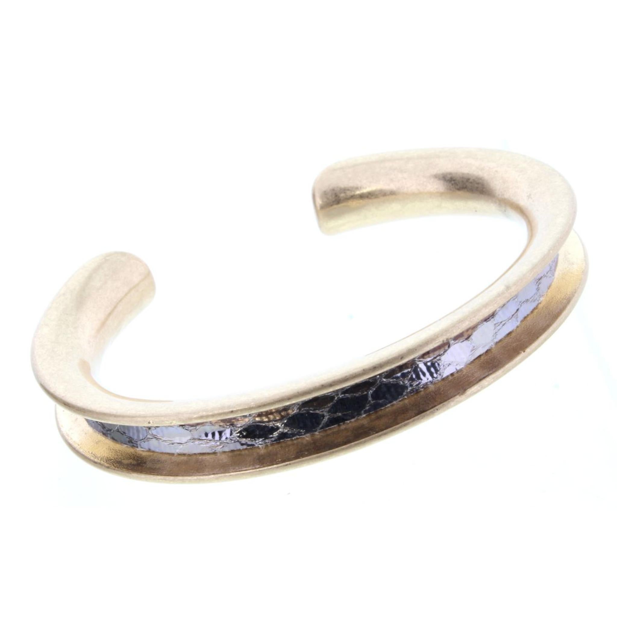 Gold Cuff Bracelet with Grey Silver Snake Skin Inlay