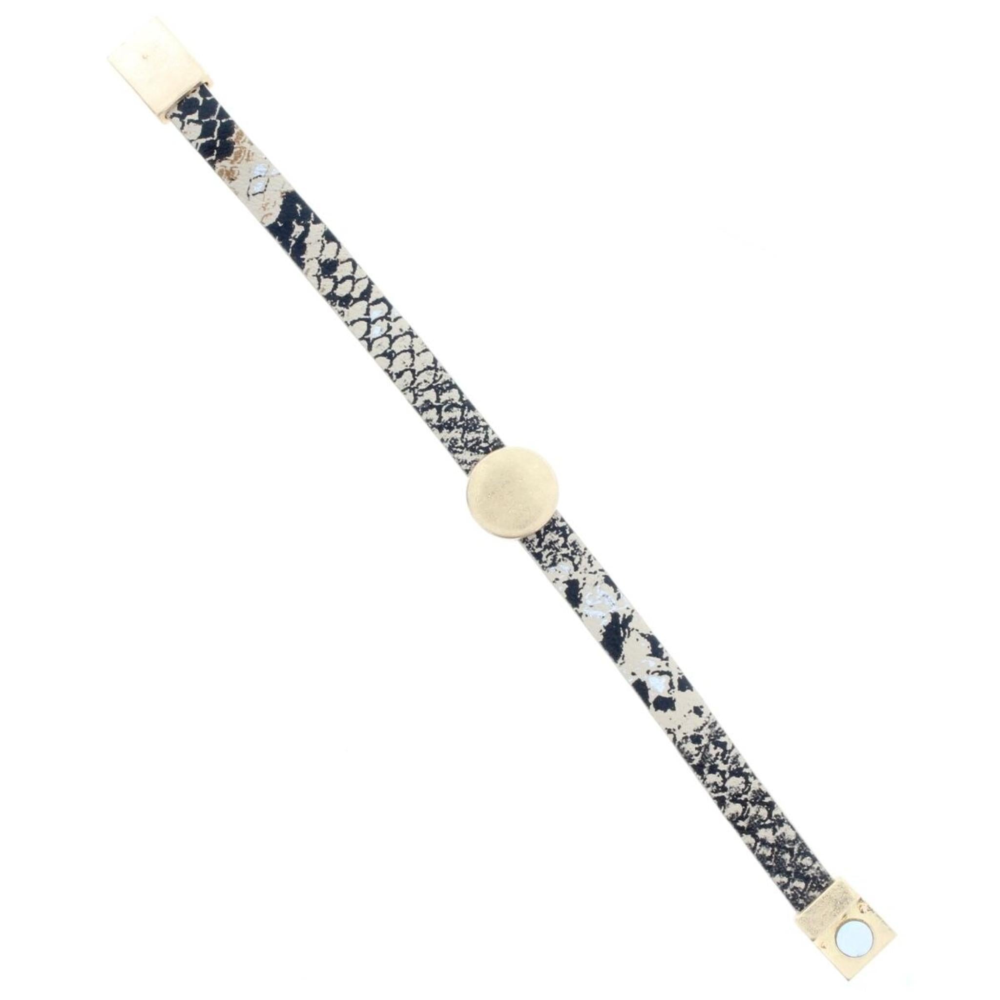 Black and Cream Leather Bracelet with Gold Circle