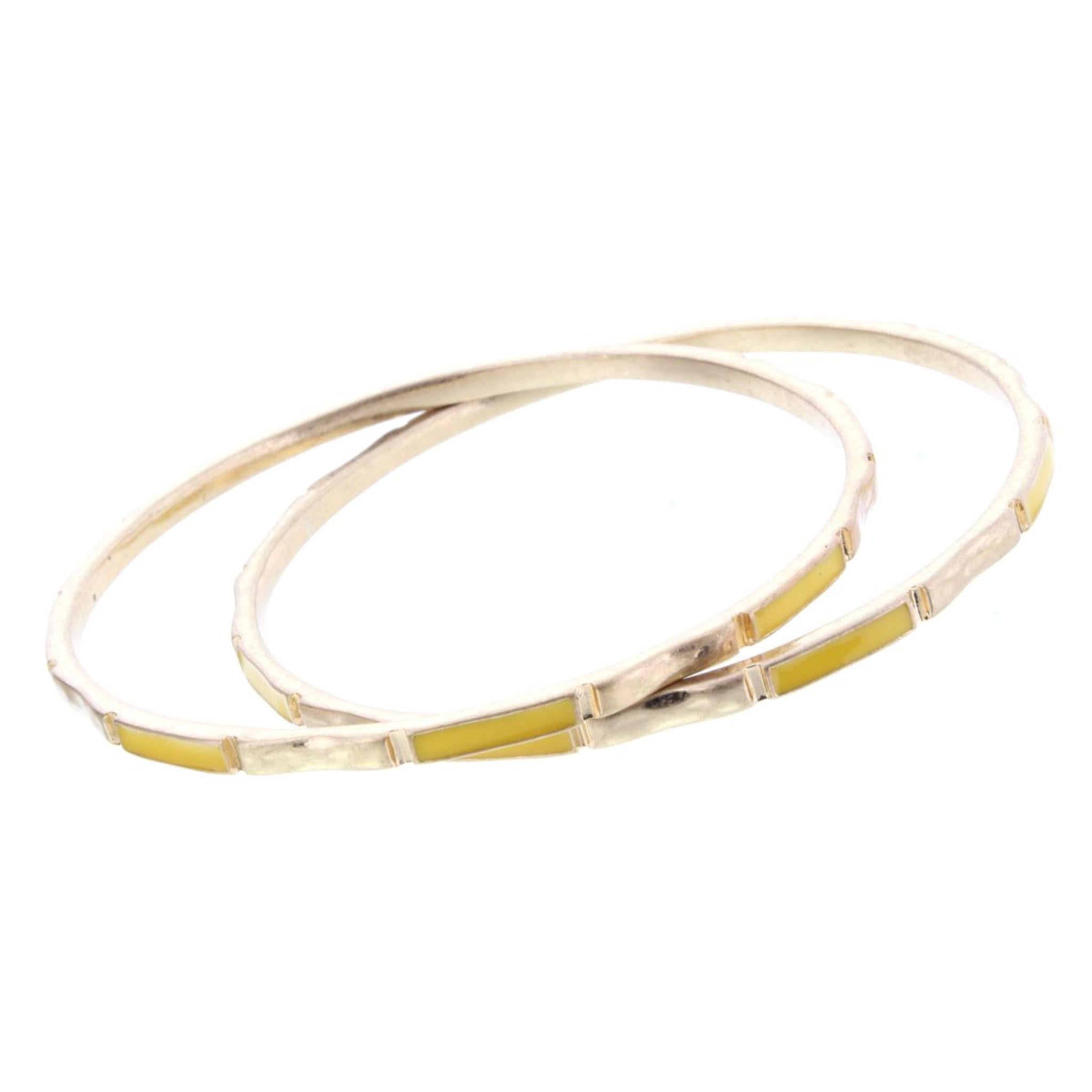 2 Blocked Off Gold Bangle Bracelets with Yellow Epoxy