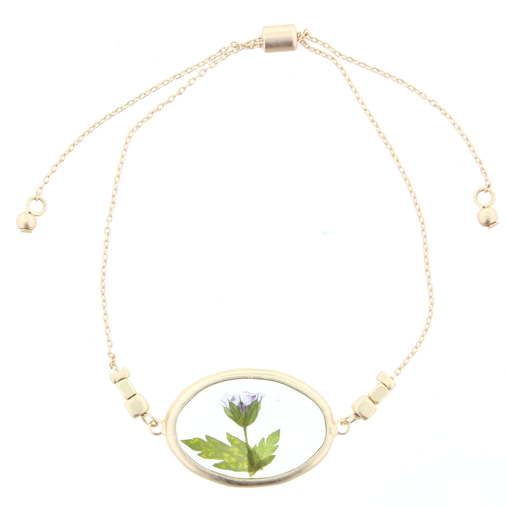 Adjustable Gold Bracelet with Pressed Purple Flowers in Resin Oval