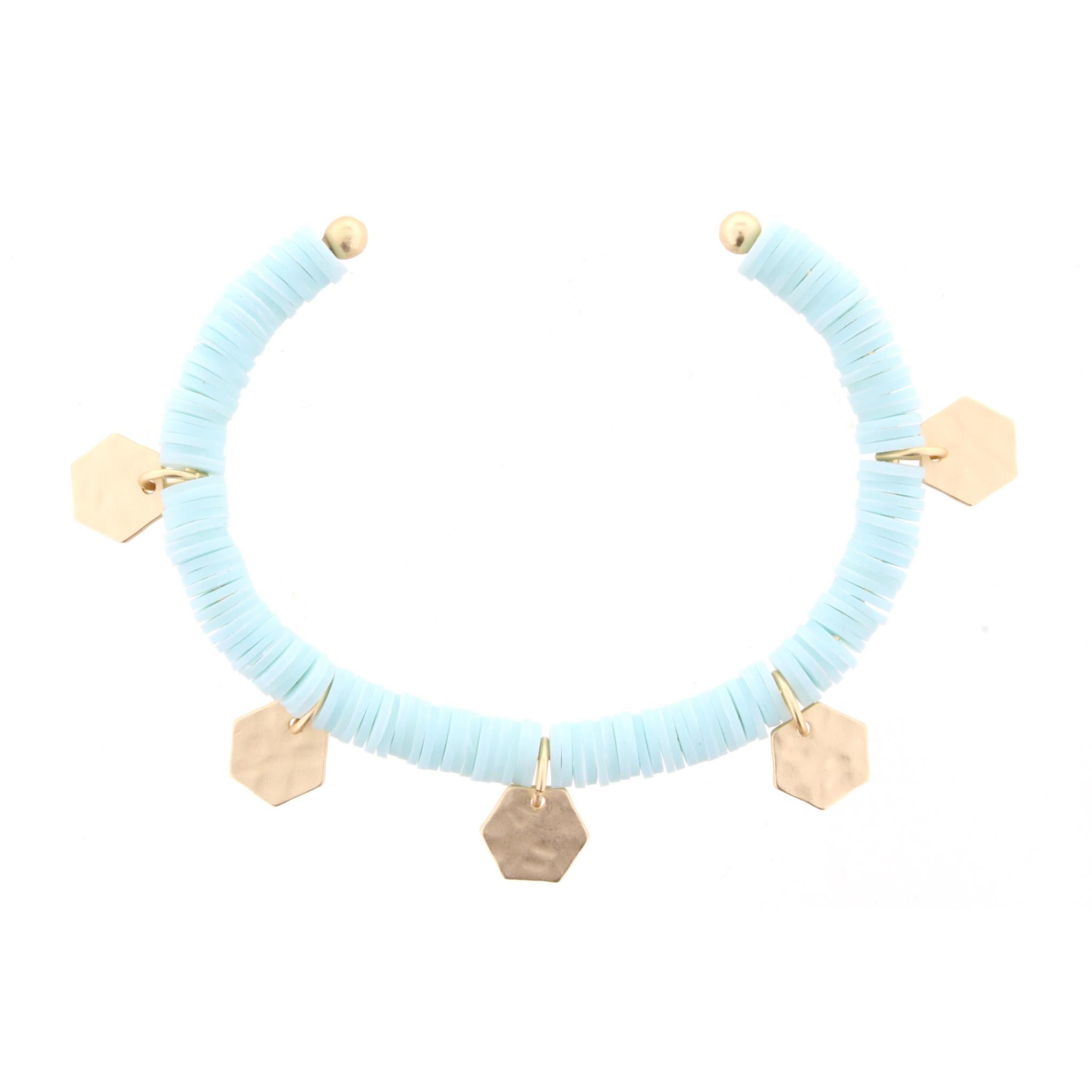 Soft Mint Discs Gold Cuff Bracelet with Gold Hexagon Accents