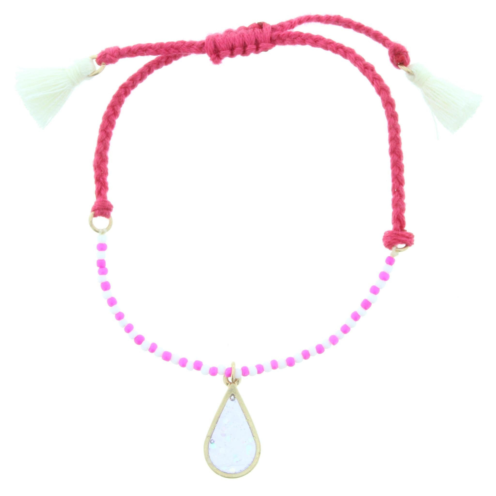 Kids Pink Beaded and Braided Adjustable Bracelet with Glitter Teardrop