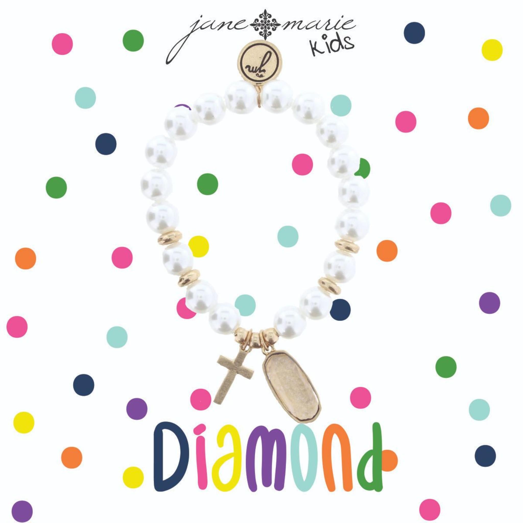 Kids Pearl Stretch Bracelet with Cross & April Birthstone Charm, Diamond Colored Glitter