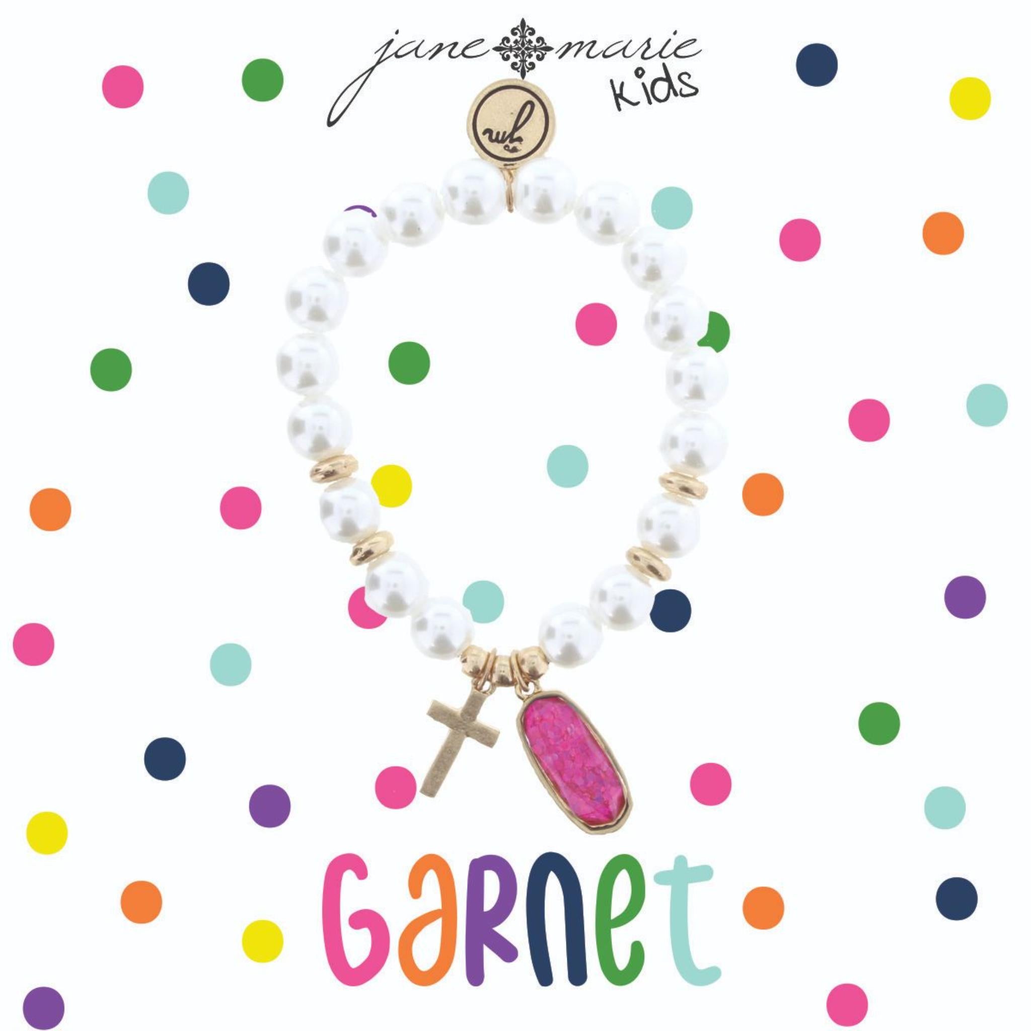 Kids Pearl Stretch Bracelet with Cross & January Birthstone Charm, Garnet Colored Glitter