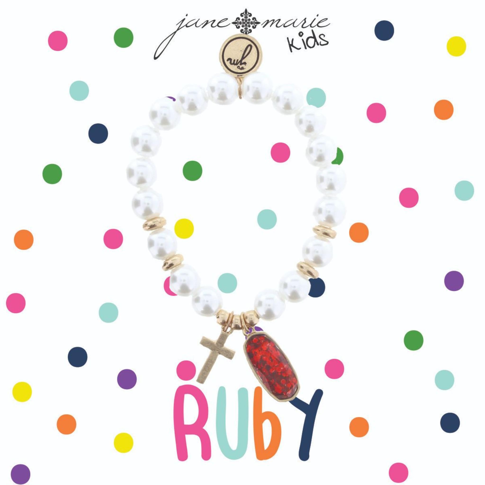 Kids Pearl Stretch Bracelet with Cross & July Birthstone Charm, Ruby Colored Glitter