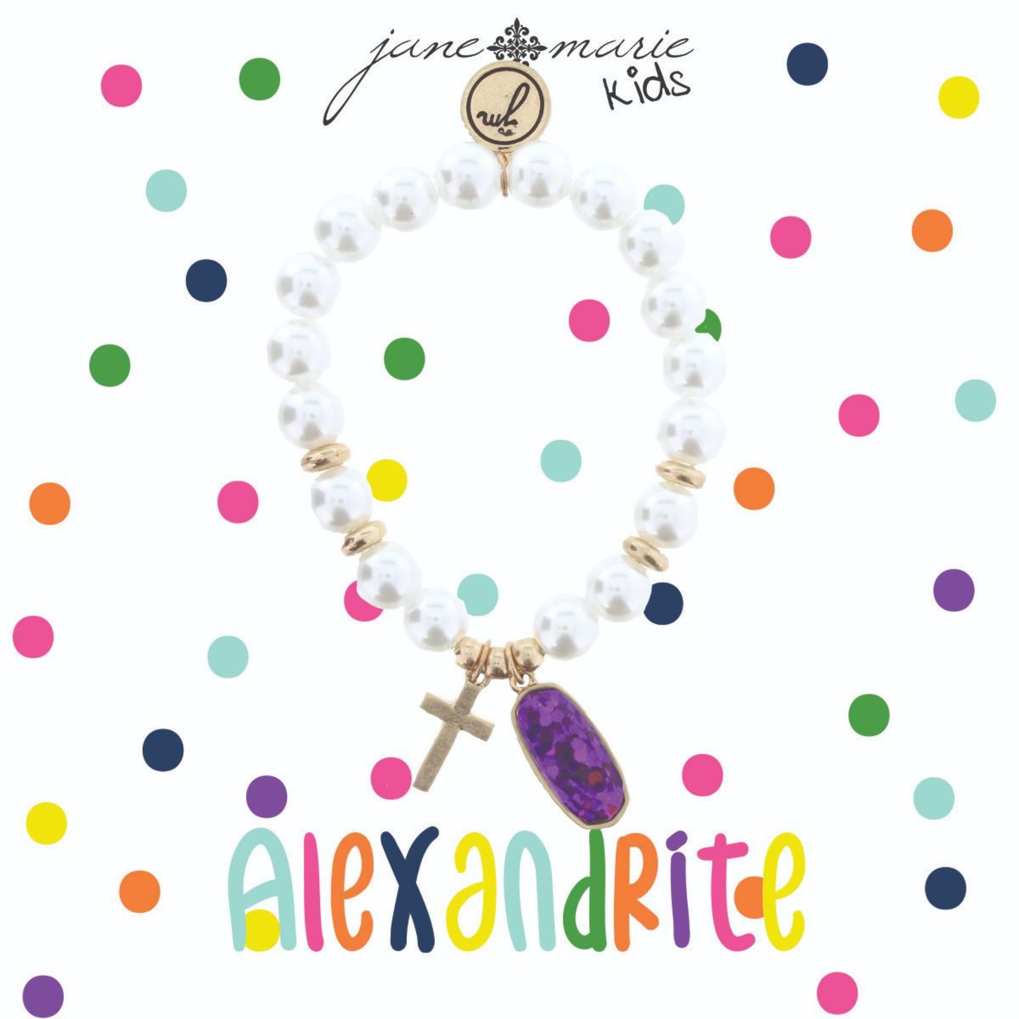 Kids Pearl Stretch Bracelet with Cross & June Birthstone Charm, Alexandrite Colored Glitter