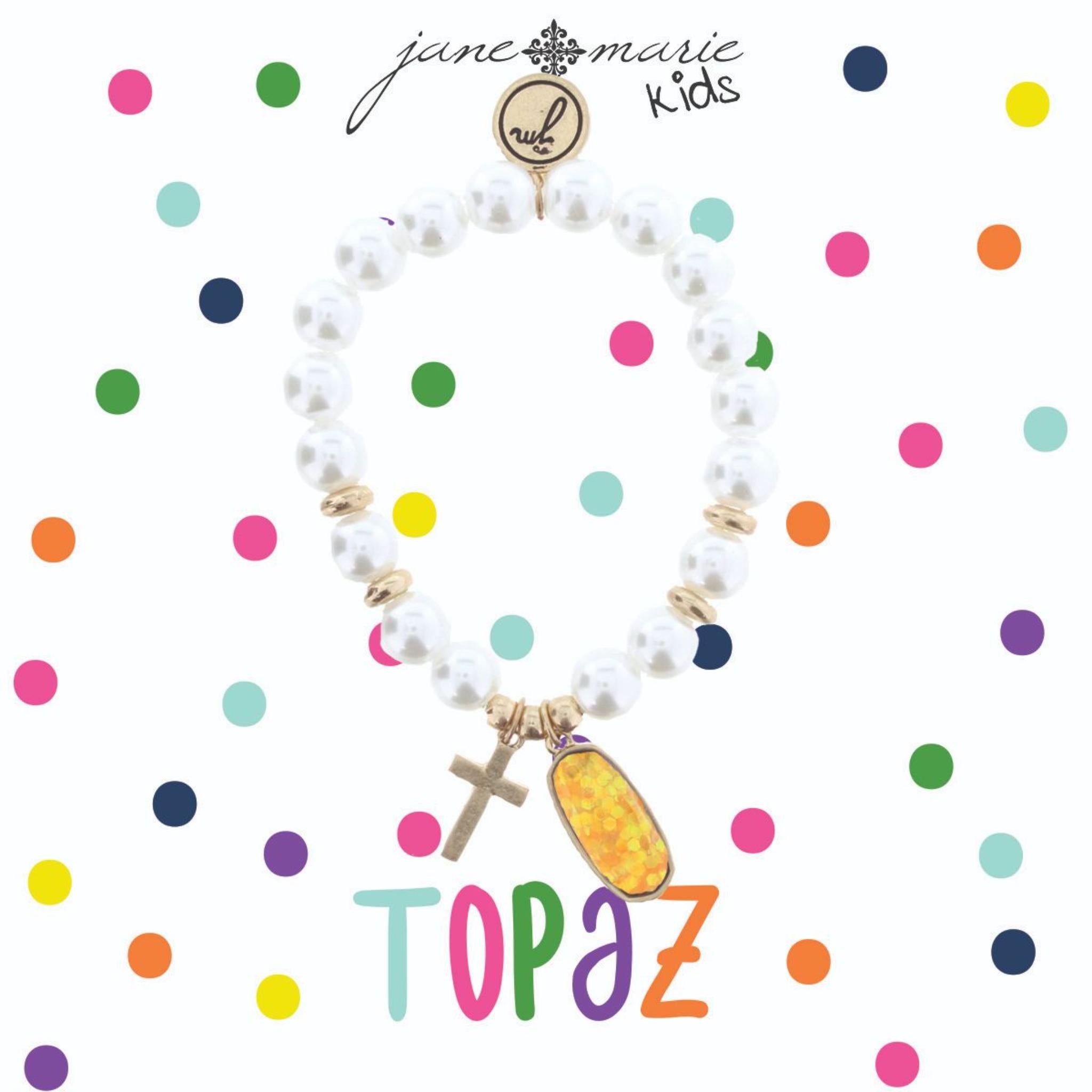 Kids Pearl Stretch Bracelet with Cross & November Birthstone Charm, Topaz Colored Glitter
