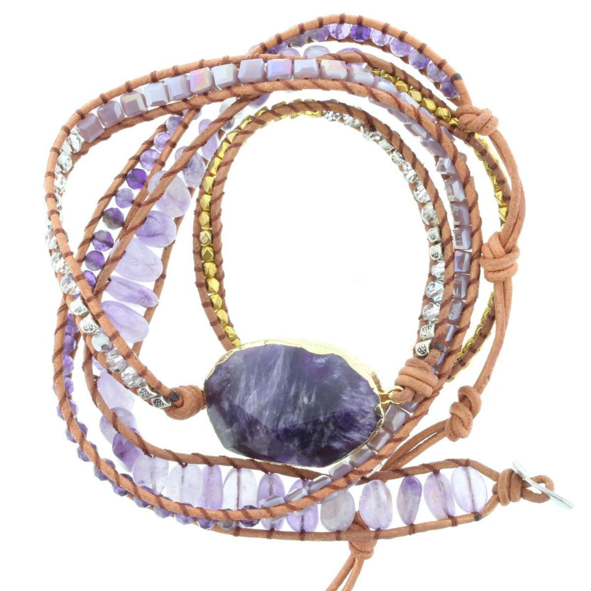 Purple Stone with Gold, Purple Stones, Purple Beads, 36" Wrap Bracelet