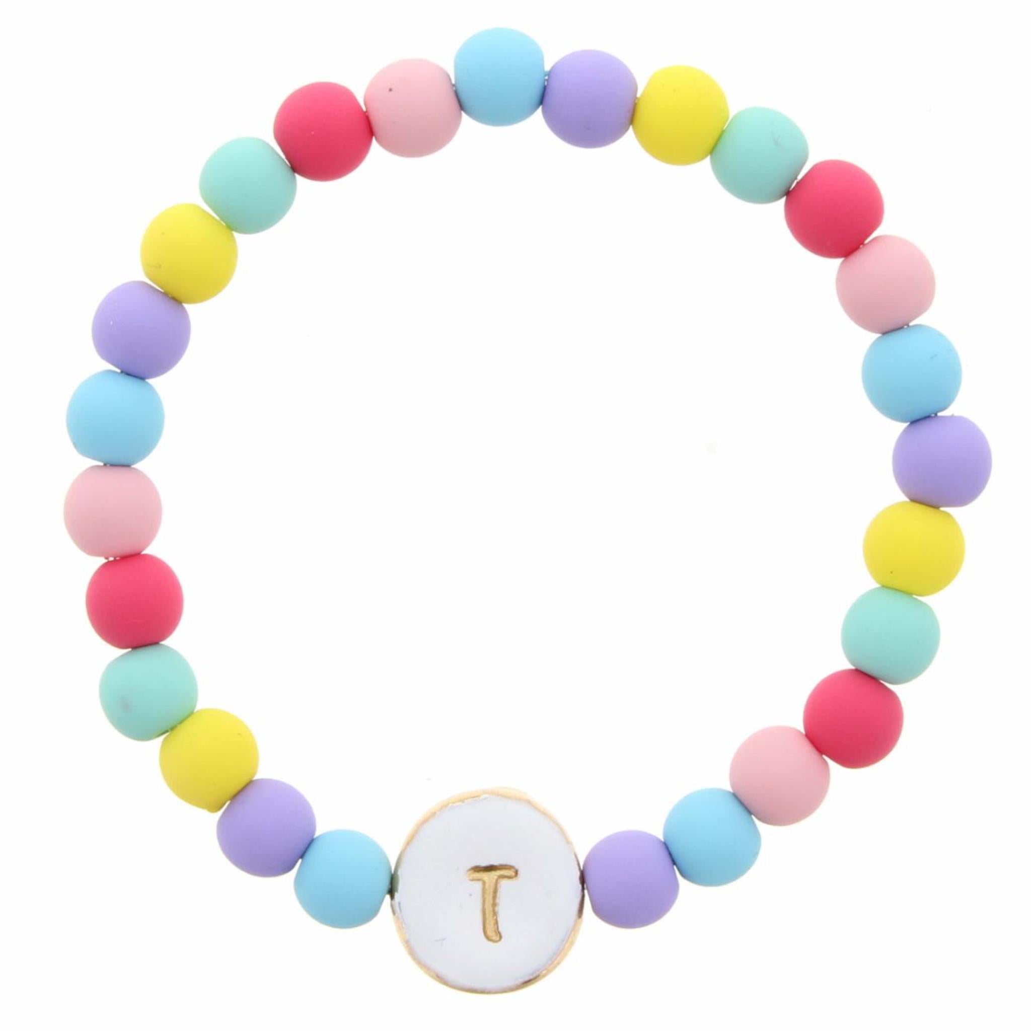 Kids "T" White Stamped Disk Multi Colored Beaded Stretch Bracelet