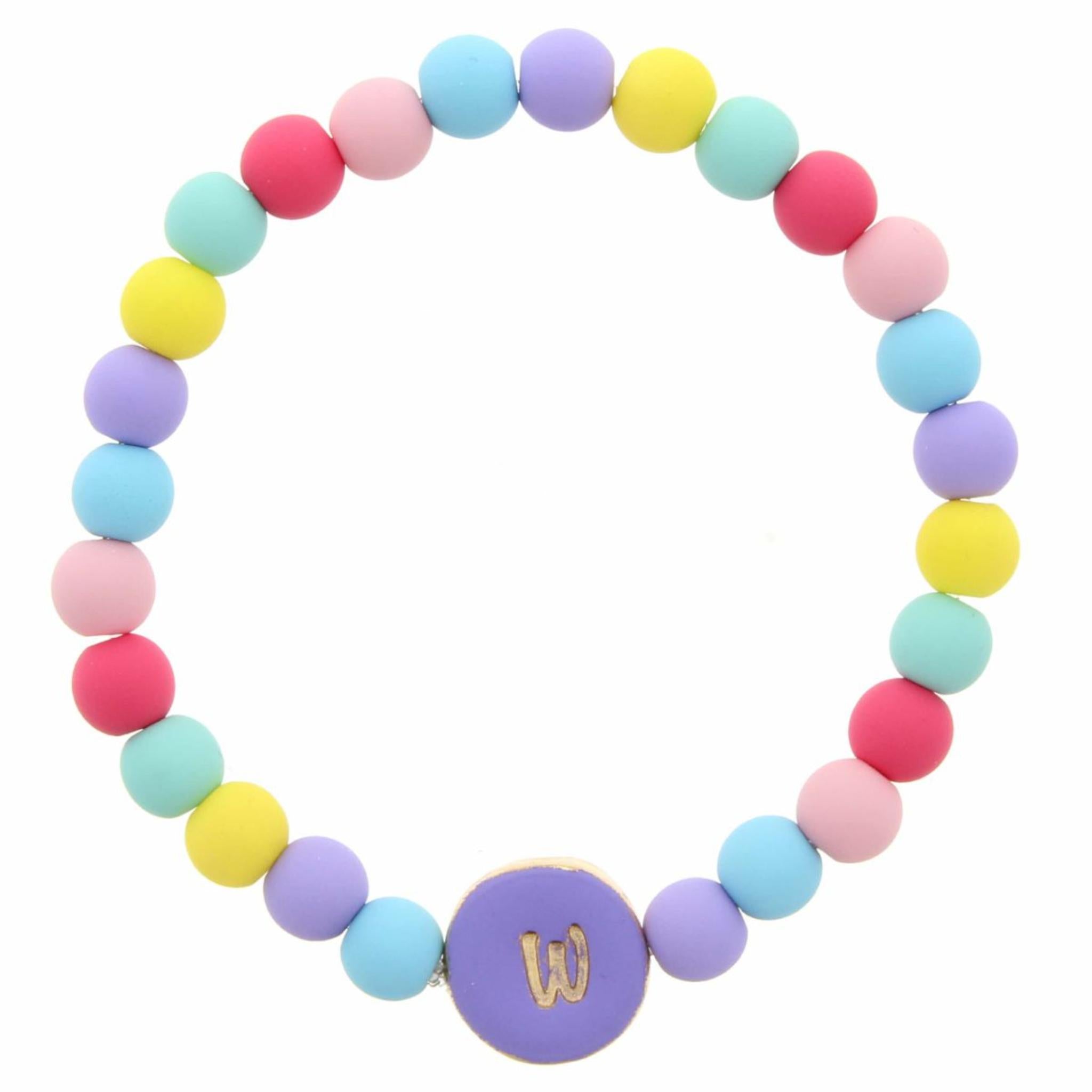 Kids "W" Purple Stamped Disk Multi Colored Beaded Stretch Bracelet