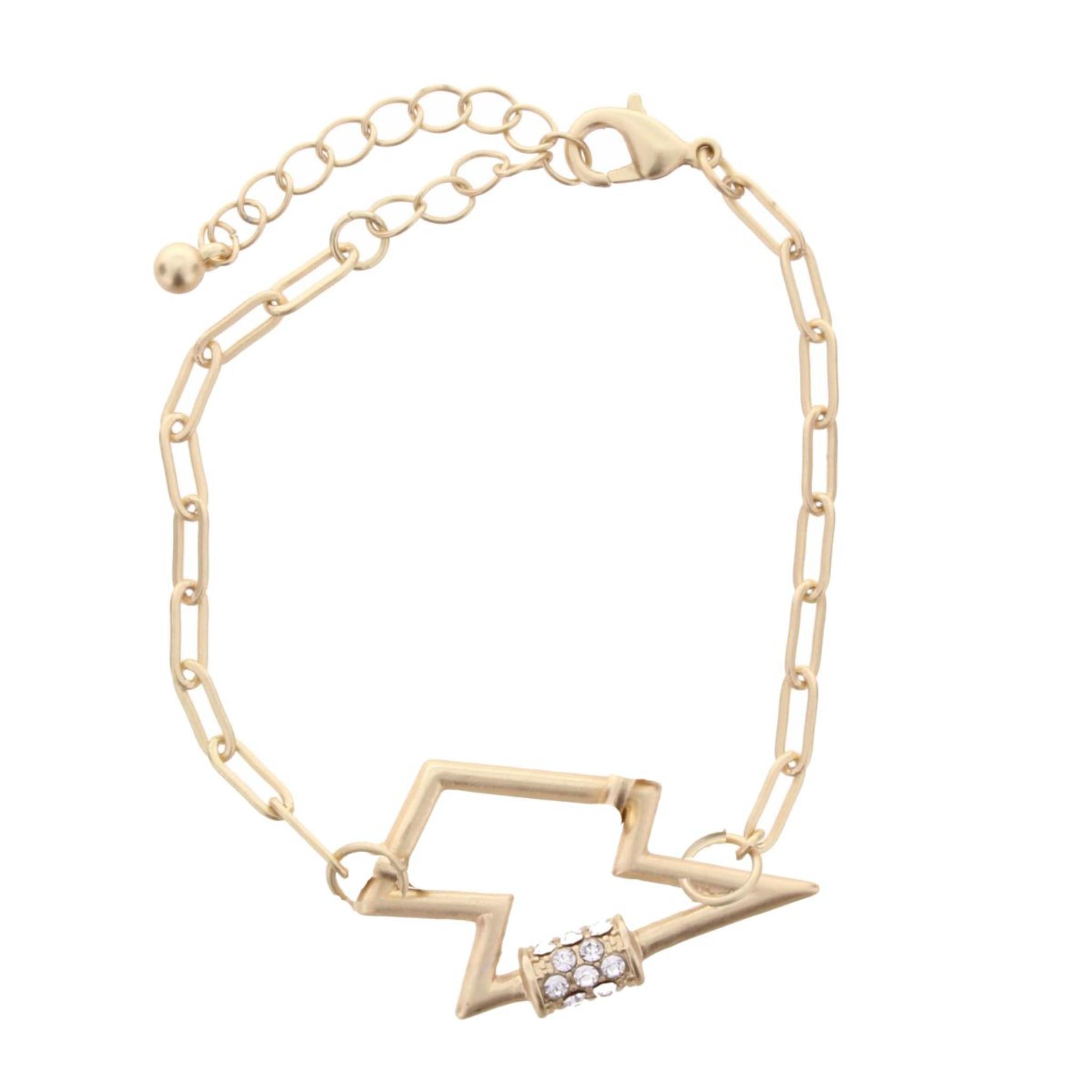 Gold Chain Link with Lightening Bolt with Rhinestone Accents Bracelet, 2" Ext.